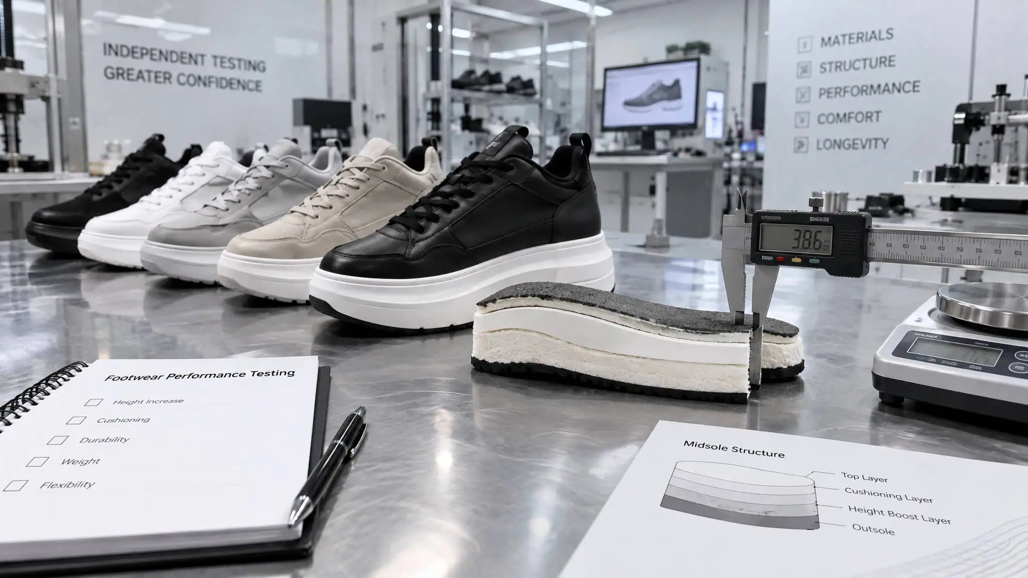 Shoes That Make You 2 Inches Taller: Lab-Measured Heel Stacks, Not Marketing Math 3 Lab-tested height-boosting sneakers with measured heel stacks cut and calipered