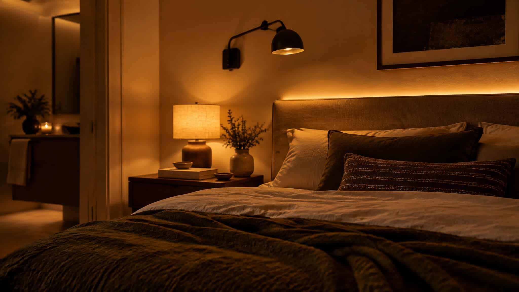 2026 Bedroom Trends: What to Adopt (and Skip) for a Room That Actually Sleeps Well 4 Layered bedside lighting with amber lamp and headboard LED strip at night