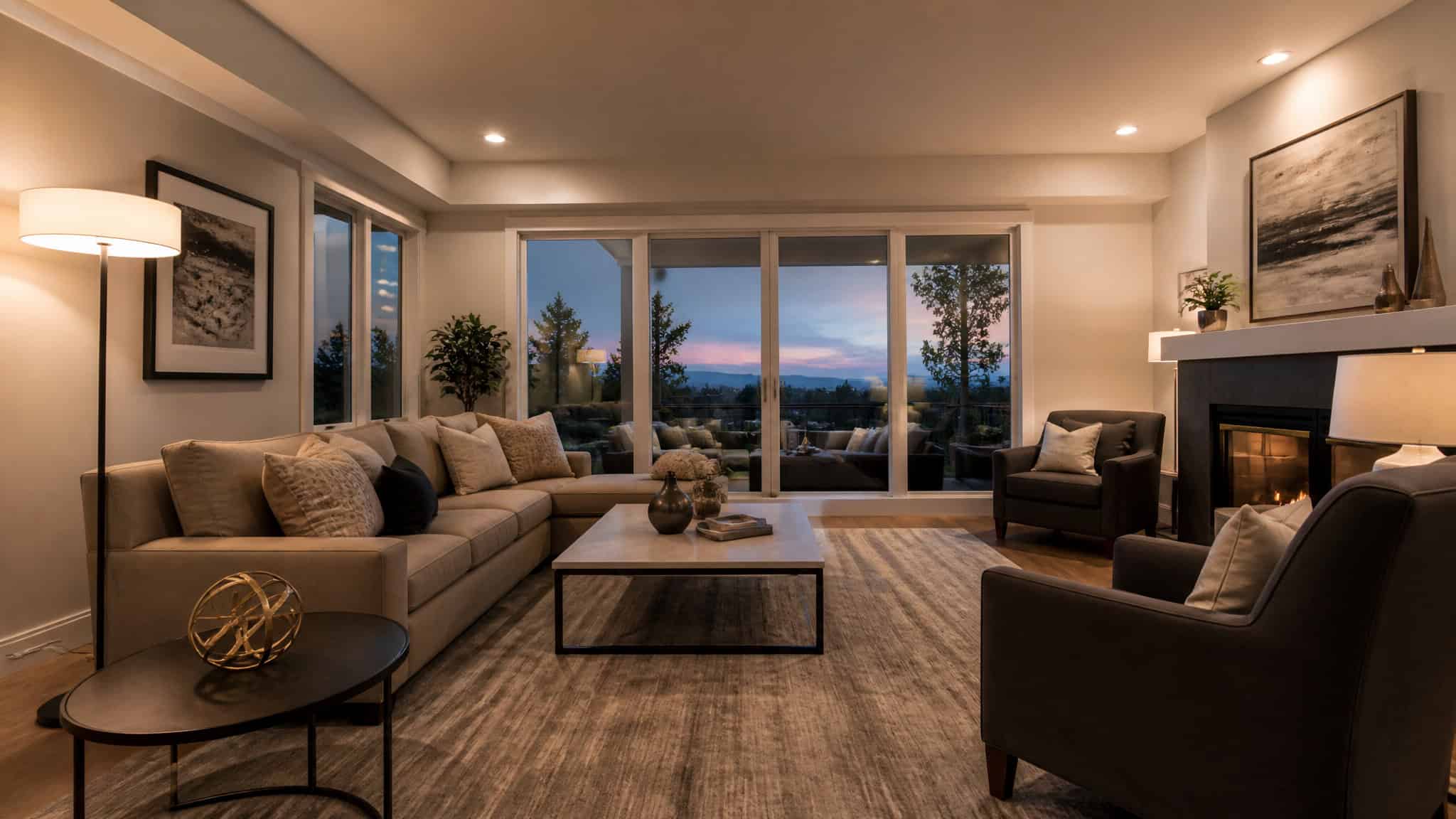 Cheap Upgrades to Increase Home Value: 268% ROI on a Garage Door 6 Living room with layered lighting from floor lamp and recessed lights at dusk