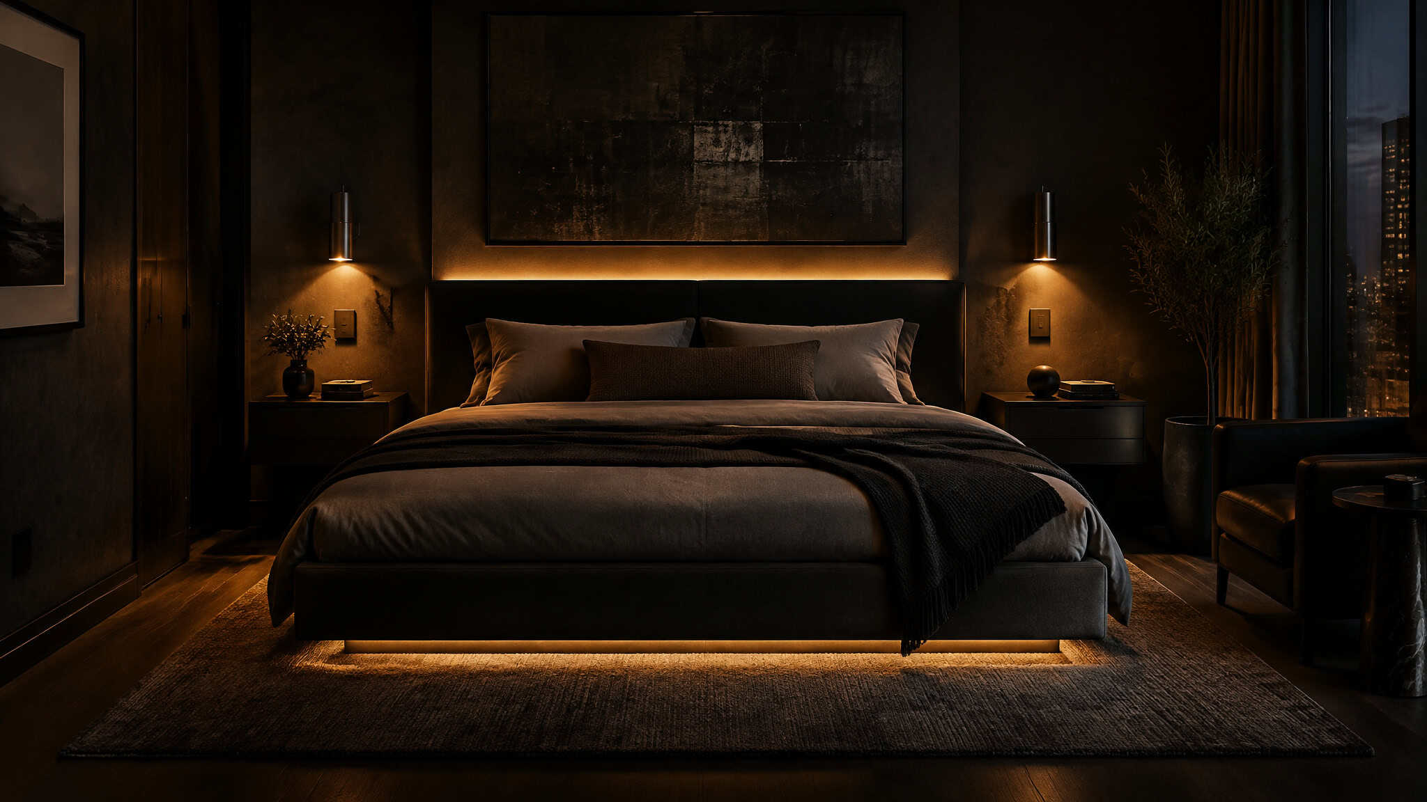 Modern Bachelor Bedroom Ideas: A Fully Specified Room Build With Dimensions and Prices 3 Three-layer masculine bedroom lighting with warm sconces, headboard wash, and underbed LED