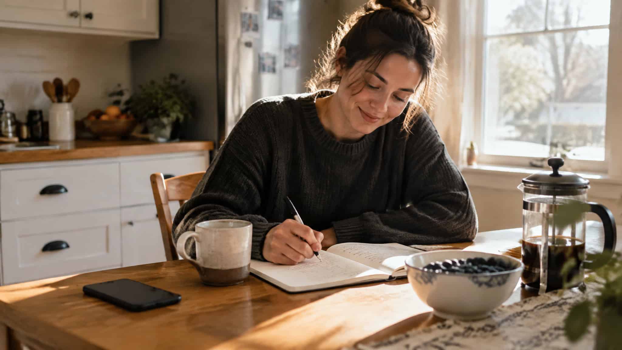 Emotional Consequences of Being the Other Woman: What Secrecy and Waiting Actually Do to You 3 Woman journaling to process guilt and shame after an affair, focusing on the future