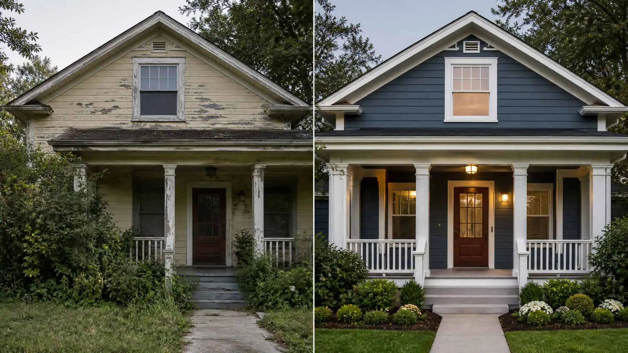 What Upgrades Increase Home Value for Appraisal? 25 High-ROI Improvements 5 Side-by-side comparison of a house before and after renovation showing significant improvements in exterior appearance and condition.