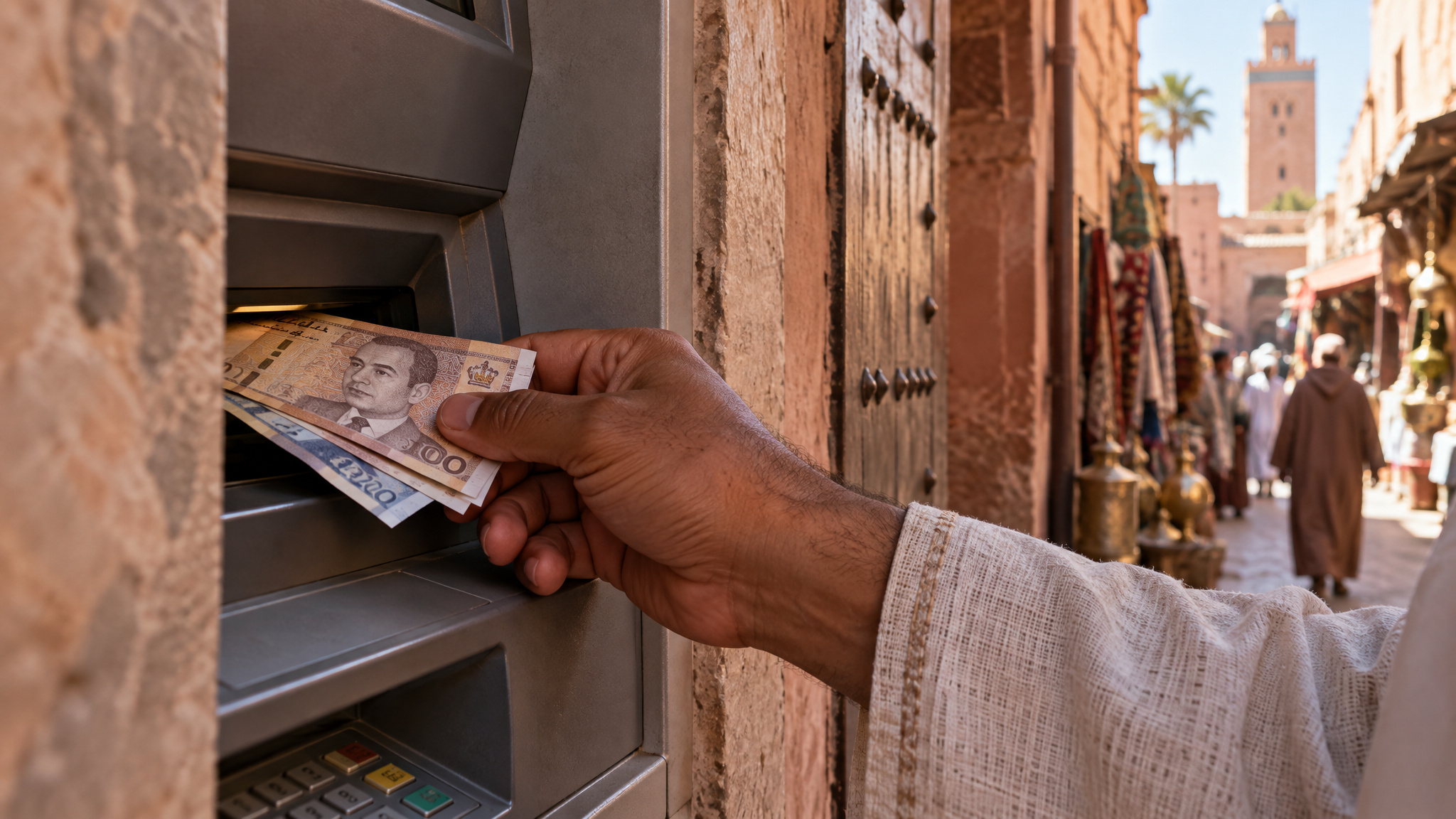 Withdrawing Moroccan dirham cash from an ATM in the Marrakech medina