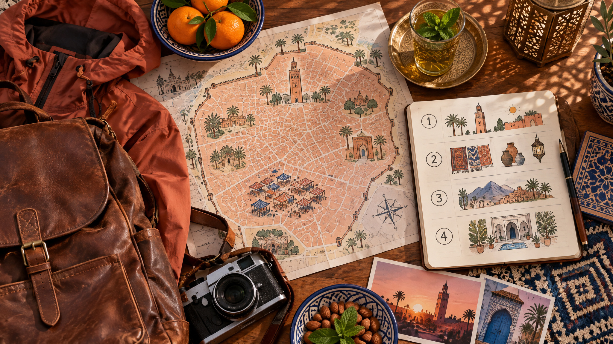 Long weekend Marrakech itinerary flat lay with map, backpack and mint tea