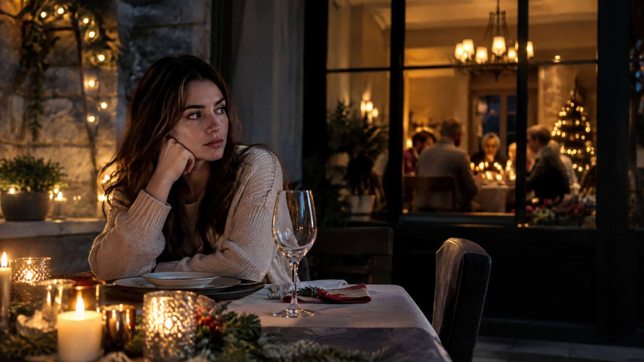 Woman dining alone during the holidays, showing the chronic anxiety and eroded self-worth documented in the emotional cost of being the other woman