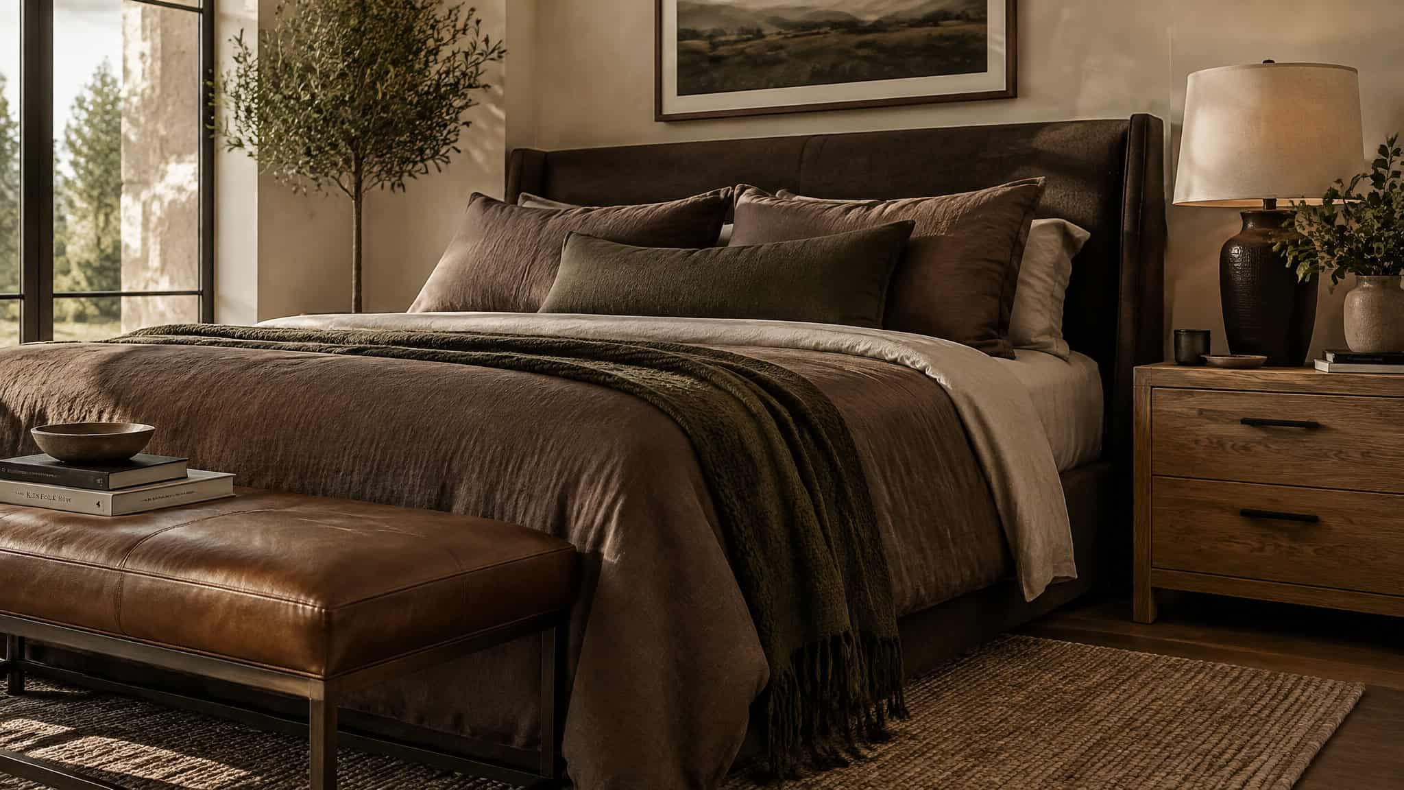 Best Colors for a Bachelor Bedroom: Exact Paint Codes and the Dark-Color Mistake to Skip 3 Earth-tone masculine bedroom styled with Mocha Mousse brown linen, leather, oak, and olive green accents
