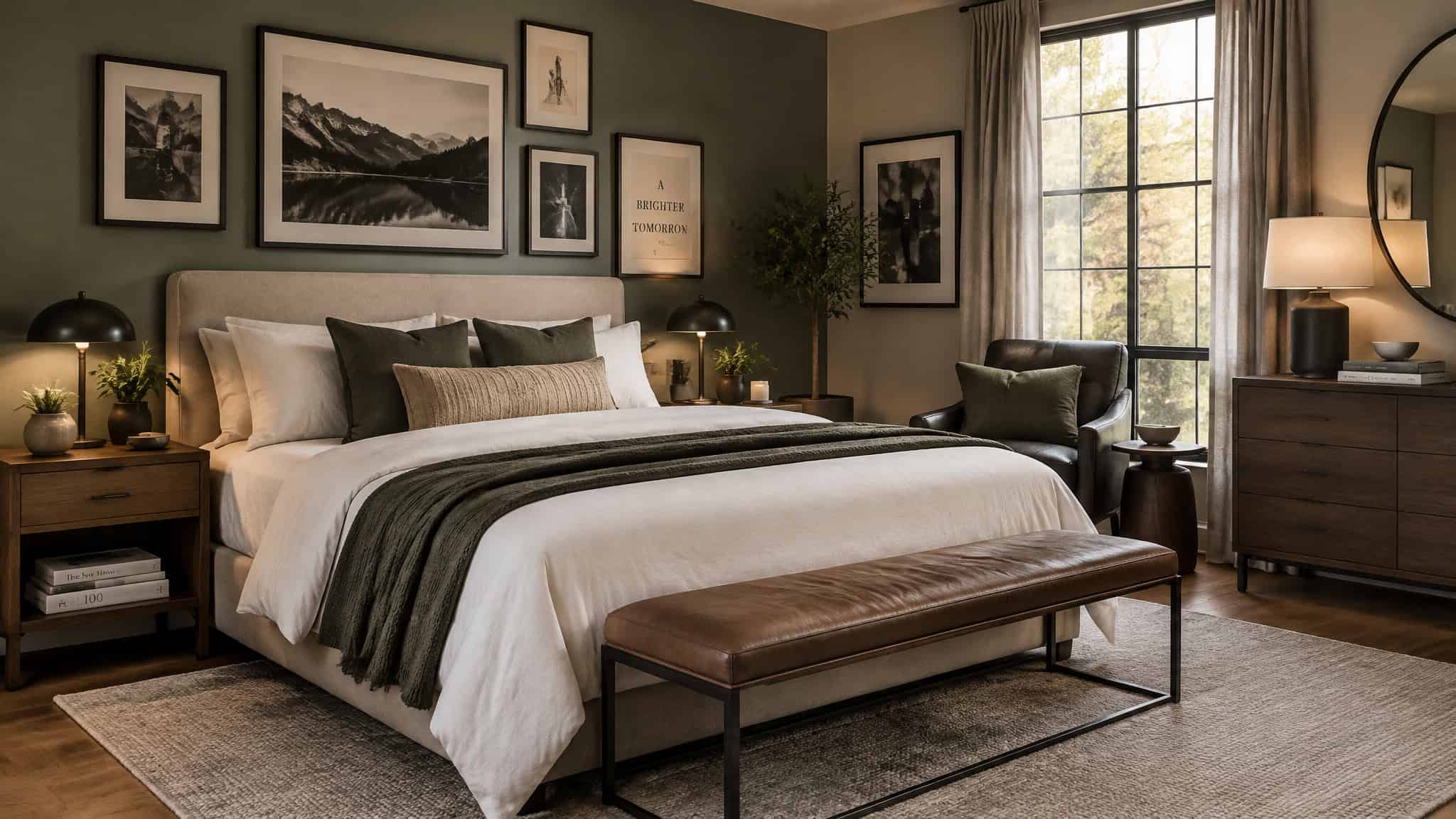 What a modern bachelor bedroom looks like now with sage walls and curated gallery wall