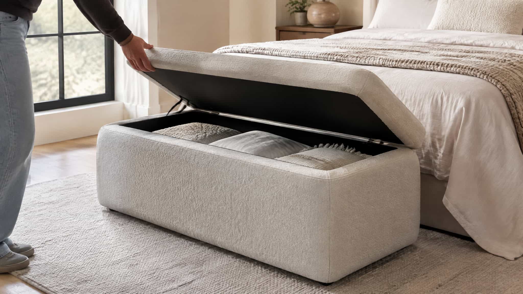 Multifunctional storage ottoman bench at the foot of a bed doing double duty in a small bedroom