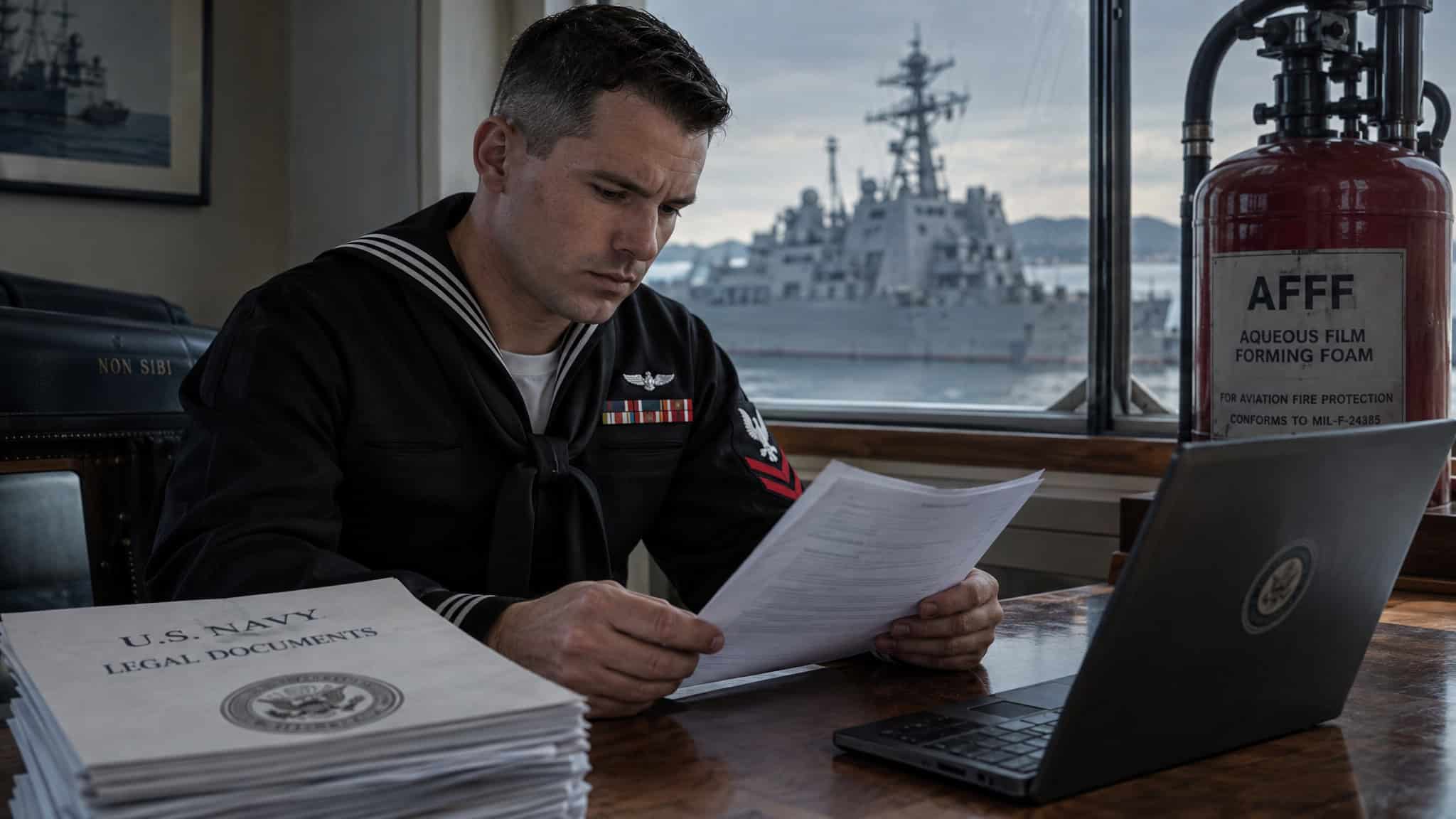 What Is an Example of a Personal Injury Claim? 4 Real Cases, From Rear-End Crash to $10.3B Mass Tort 3 U.S. Navy sailor in uniform studying documents at a desk with a ship visible through the window in the background.