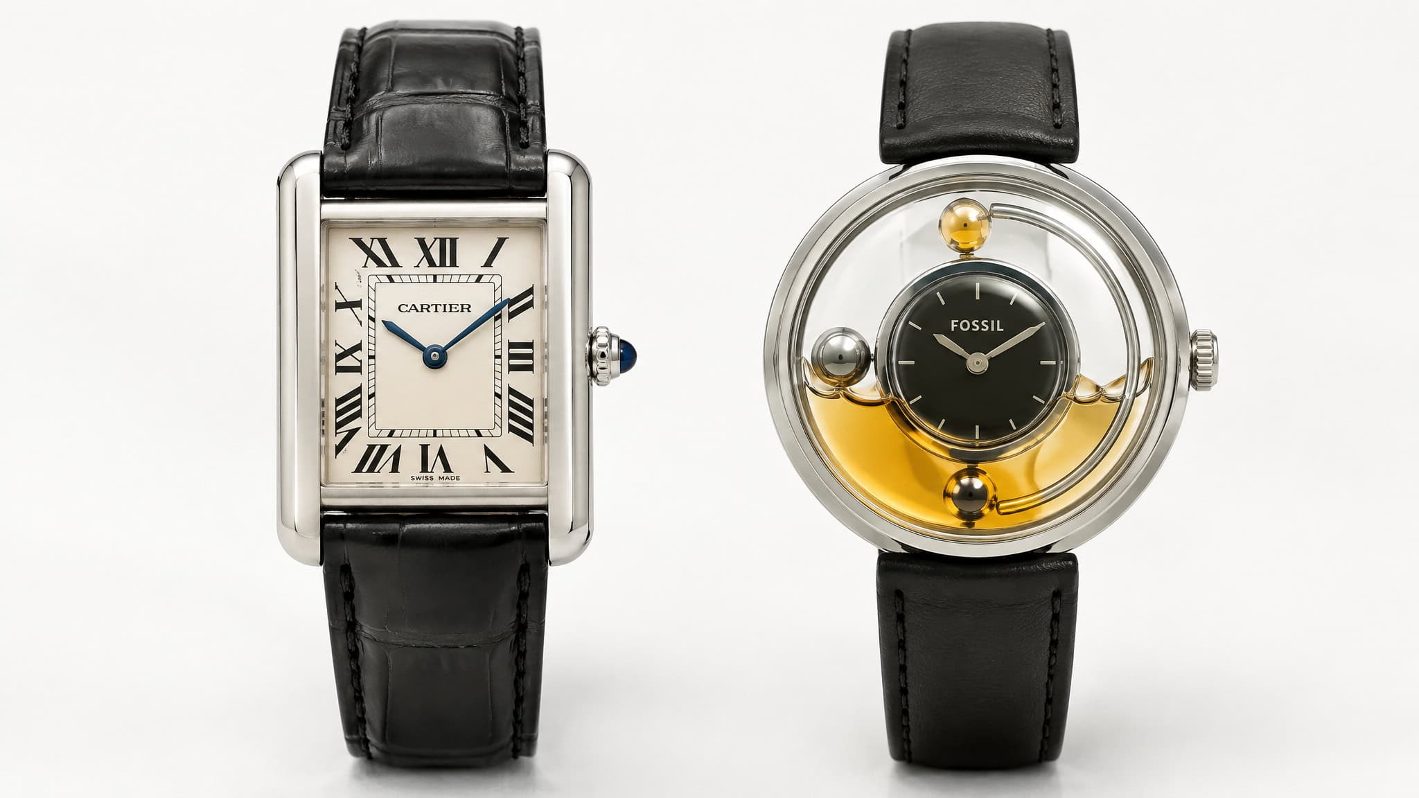 Rectangular Cartier Tank style watch and unconventional dial design showing steel watches beyond the round case