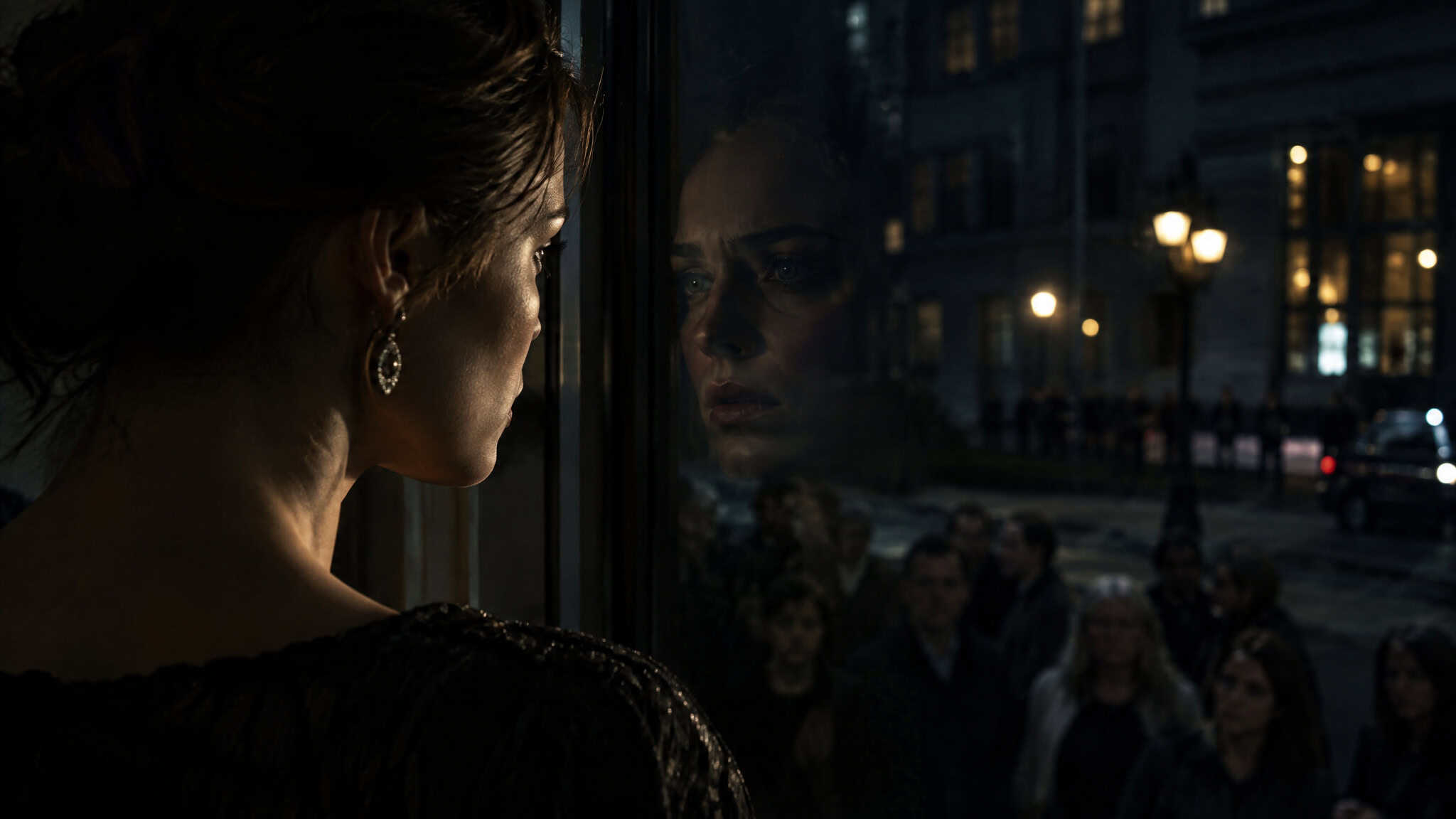 Woman facing her reflection while strangers look on, illustrating why the other woman resents the wife and society resents her back