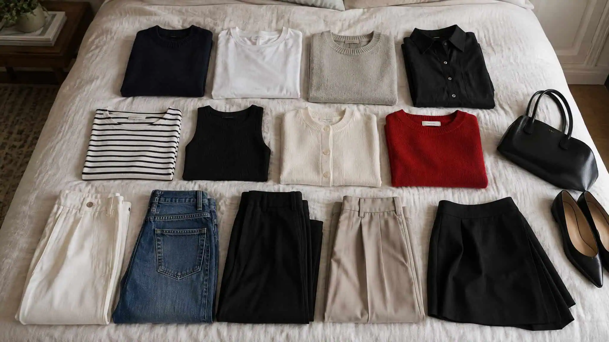 What Is the 5 4 3 2 1 Rule for Packing? 15 Items, 20 Outfits, One Week 2 Neutral capsule wardrobe grid showing 20 outfit combinations from five tops and four bottoms
