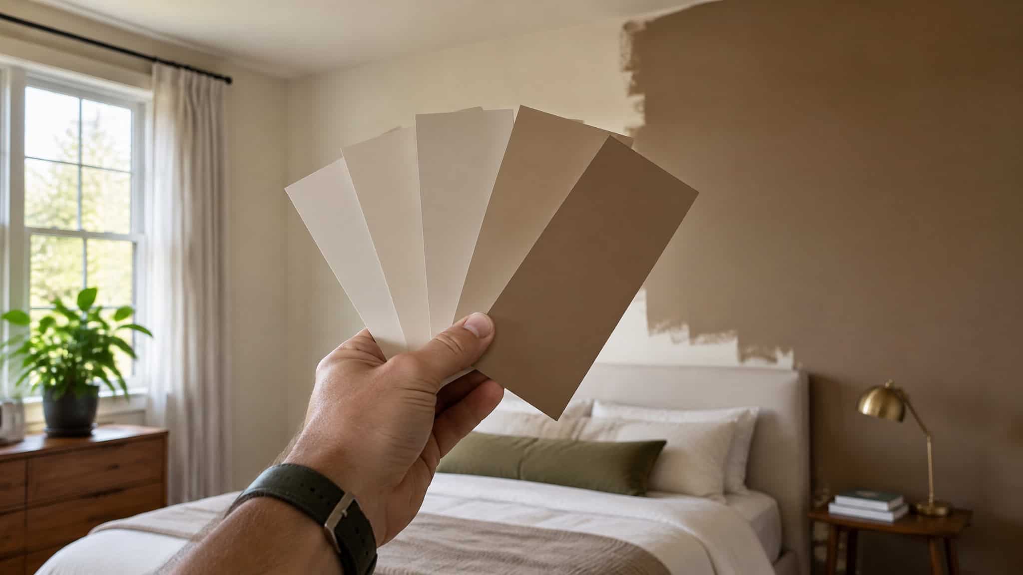 Best Colors for a Bachelor Bedroom: Exact Paint Codes and the Dark-Color Mistake to Skip 2 Man comparing paint swatch cards on a half-painted bedroom wall before choosing a color scheme