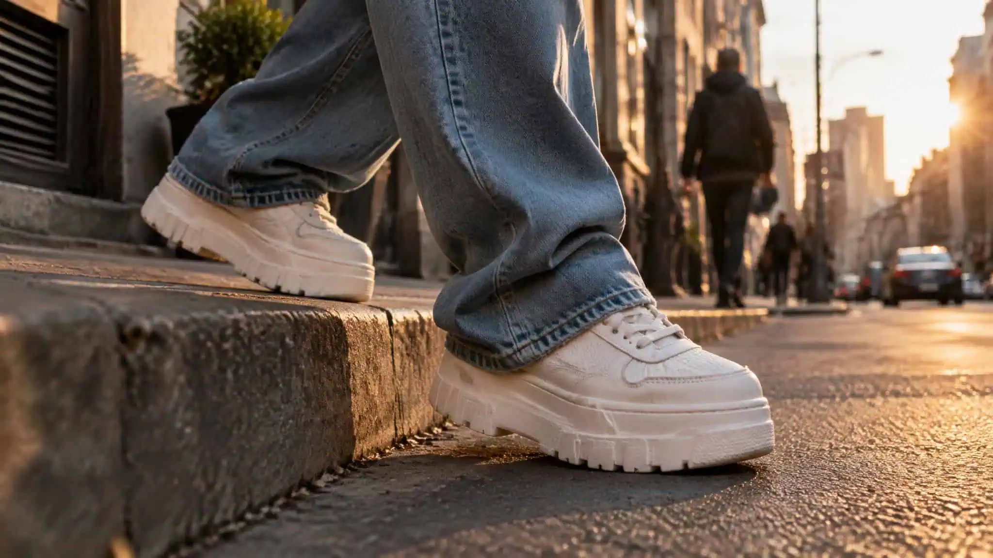 Sneakers That Make You Taller: 7 Lab-Tested Picks Ranked by Measured Stack Height 3 Close-up of white casual sneakers worn by person standing on city sidewalk during sunset, urban environment with pedestrians and buildings in background.