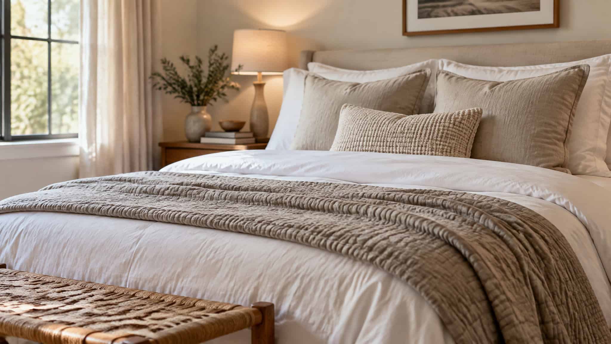 Layered cotton bedding with quilt, duvet, and textured pillows on a made bed