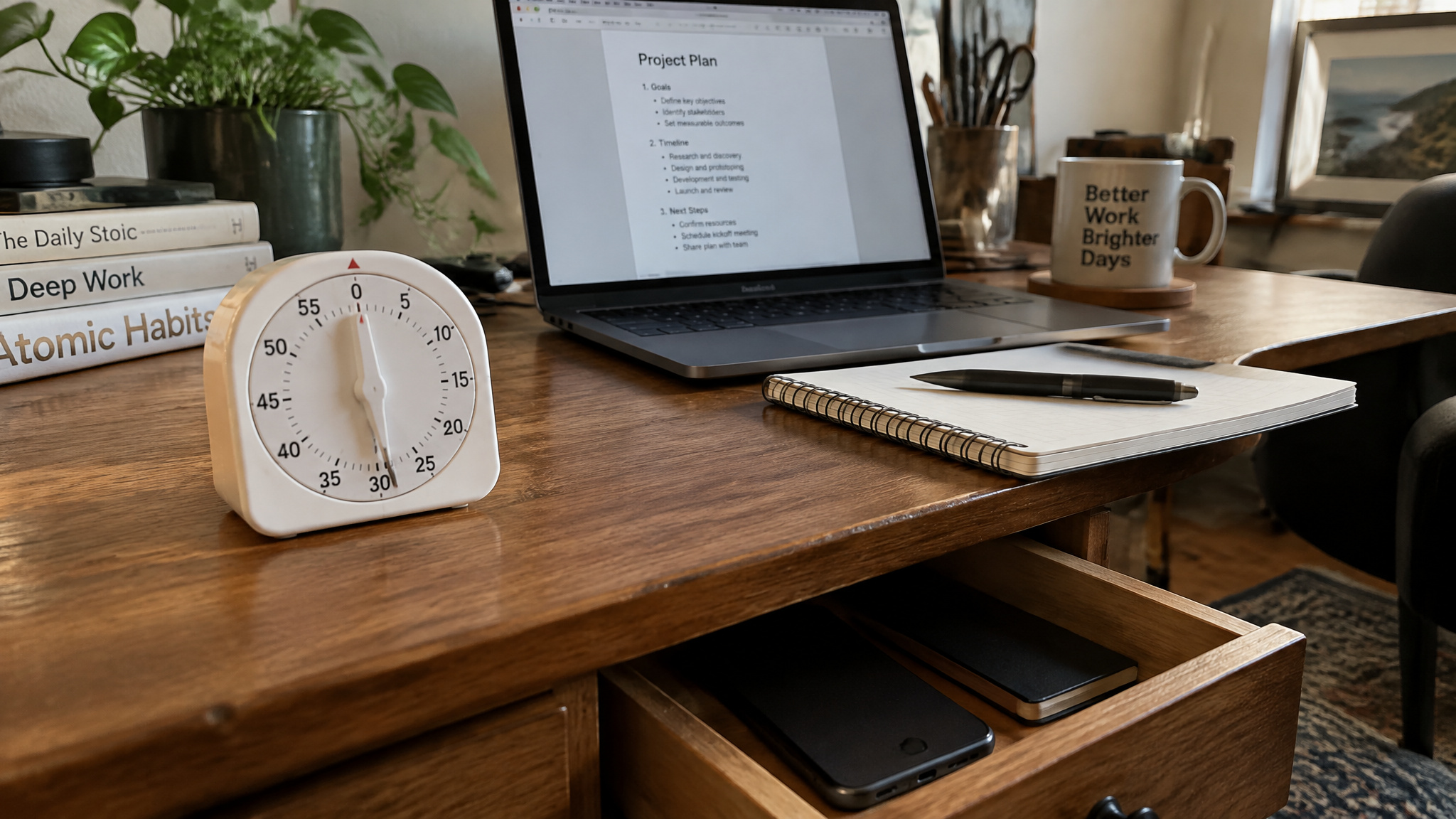 The Value of Discipline and Time Management: Why Motivation Fails and Systems Don't 3 Kitchen timer on a desk for Pomodoro focus sessions matched to a low-energy blocker