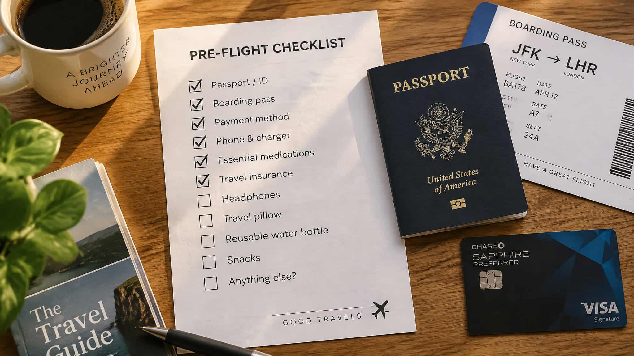 Pre-booking checklist with passport and credit card for stacking flight booking tactics
