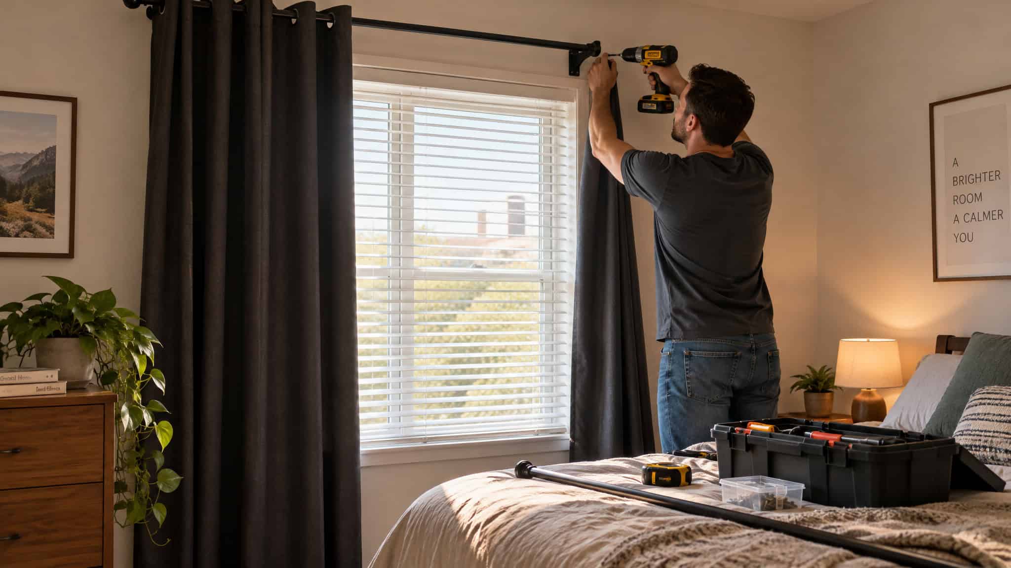 Renter hanging blackout curtains over landlord blinds in a small bedroom