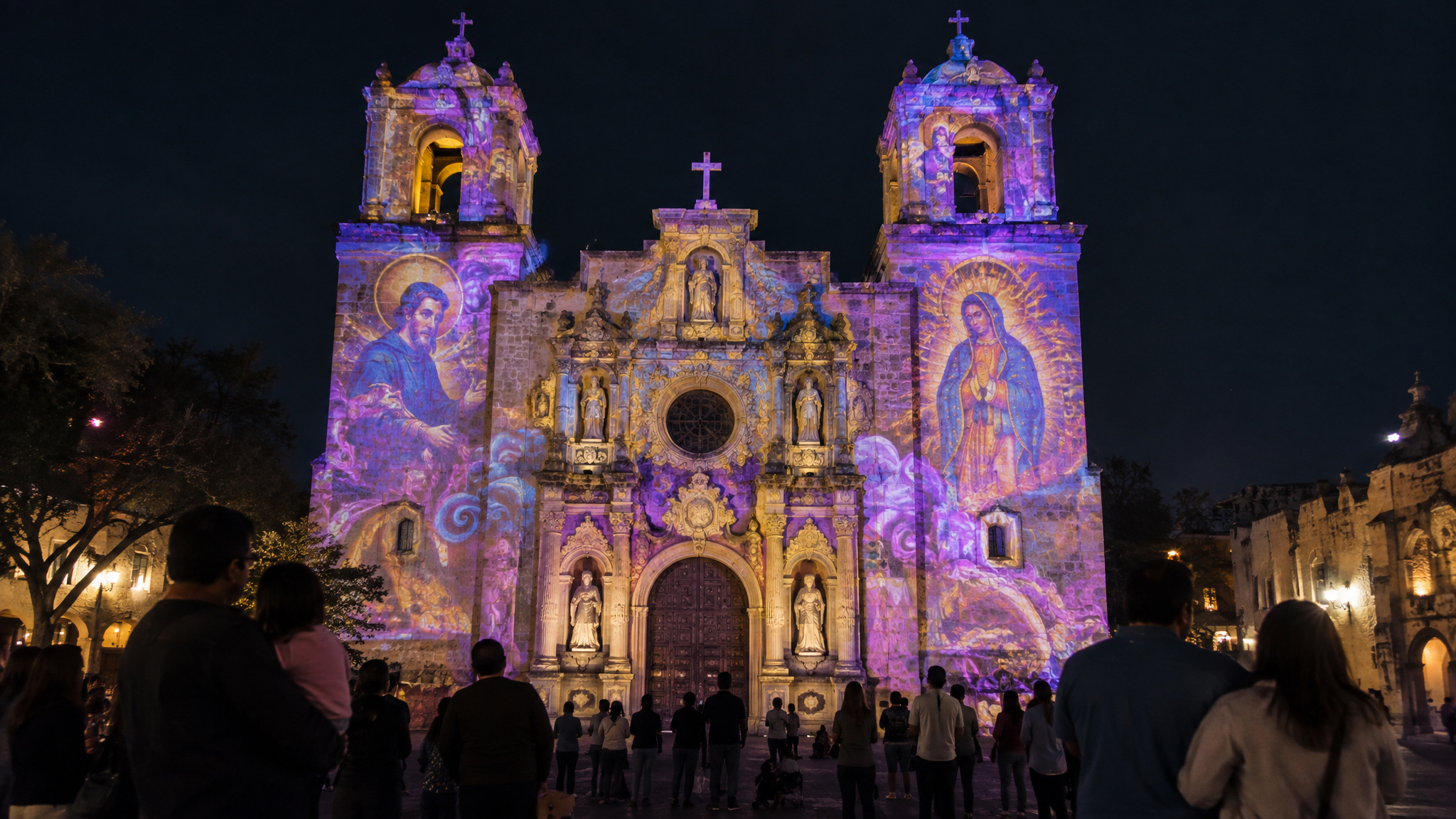 The Saga free light show projected on San Fernando Cathedral facade at night