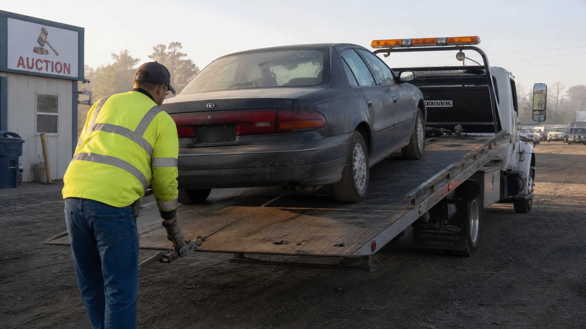 How to Ship a Car Bought From an Auction: Gate PINs, Storage Clocks, and Fees Nobody Quotes 4 Driver winch-loading a non-runner auction car onto a truck on same-day pickup day
