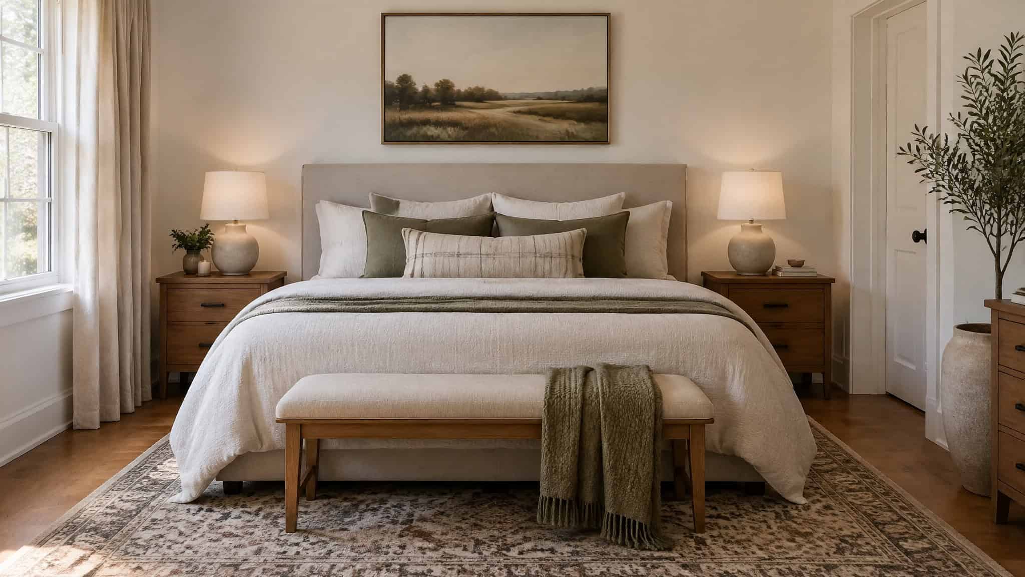 7 Golden Rules for Bedroom Design (With the Exact Measurements Pros Use) 2 Bedroom furniture scaled to the room with proportionate nightstands and end-of-bed bench