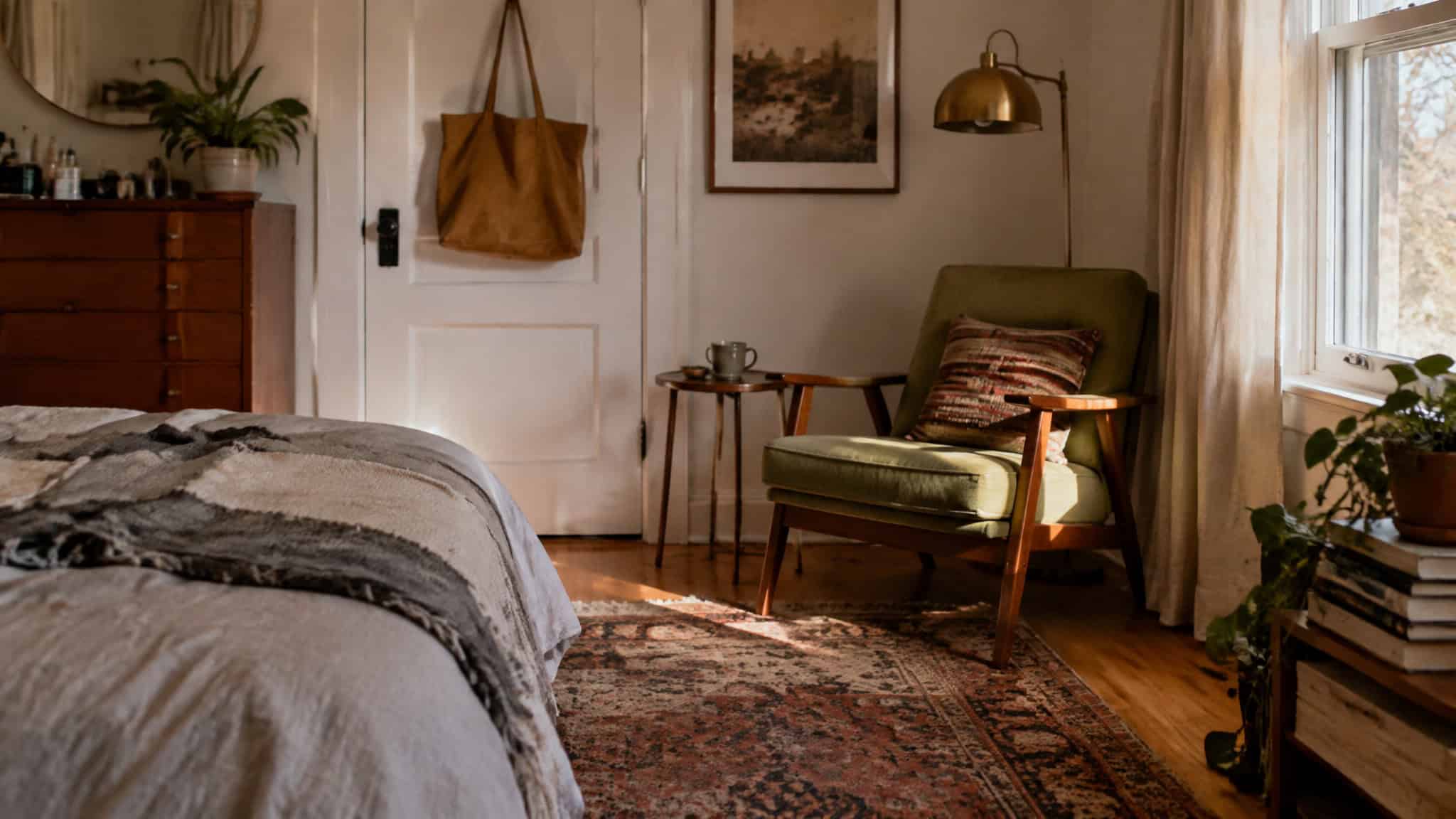 Secondhand and budget furniture sourcing for a small bedroom, including reupholstered vintage finds