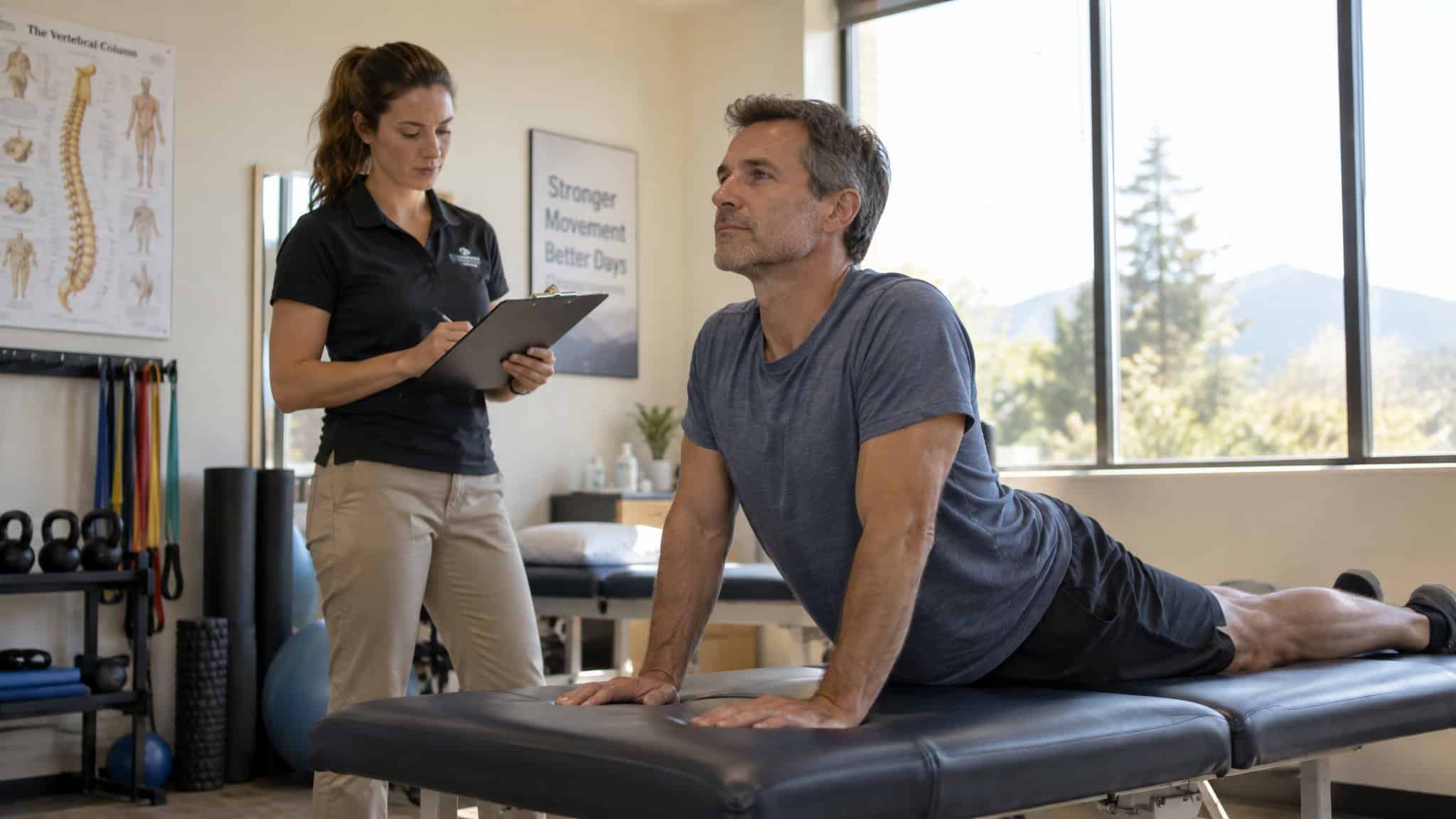 How Much Are Most Personal Injury Settlements? Median Data From 62 Tracked 2026 Cases 4 A man performing a stretching exercise on a therapy table with a physical therapist taking notes in a modern clinic setting.