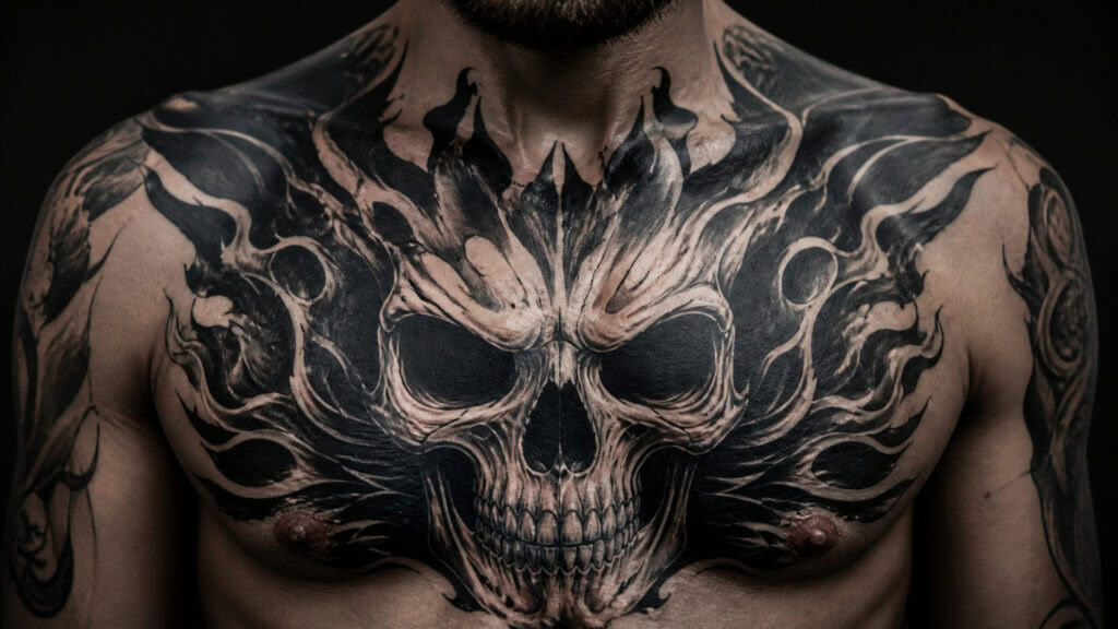Skull Tattoo Ideas for Men: 97 Designs That Use Your Body's Anatomy for a 3D Effect 99 Close-up of a detailed black and gray skull tattoo with flames on a man's chest, showcasing artistic tattoo design and body art.