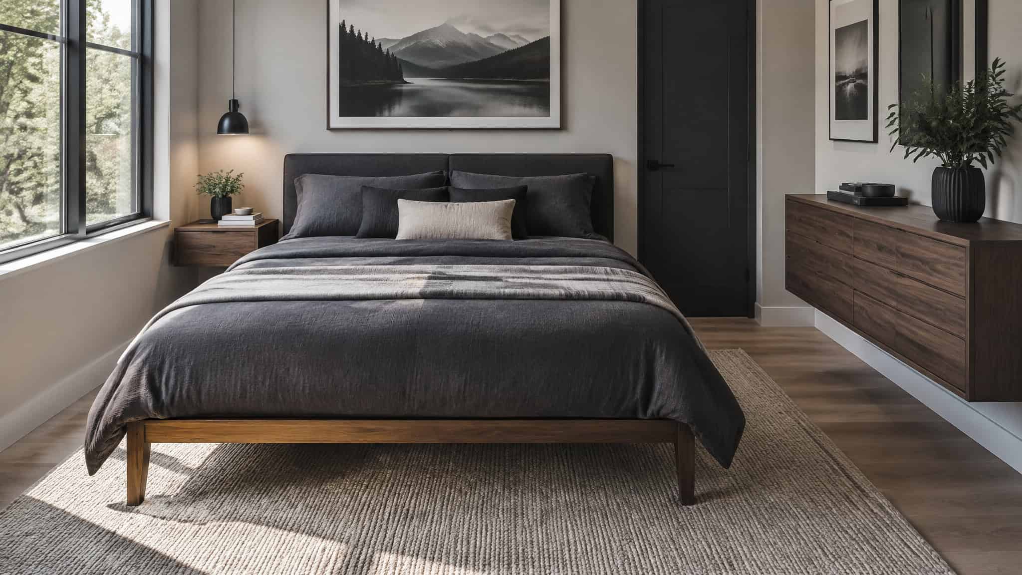 Modern Bachelor Bedroom Ideas: A Fully Specified Room Build With Dimensions and Prices 5 Small bachelor bedroom with floating dresser, wall-mounted nightstand, and properly sized 8x10 rug