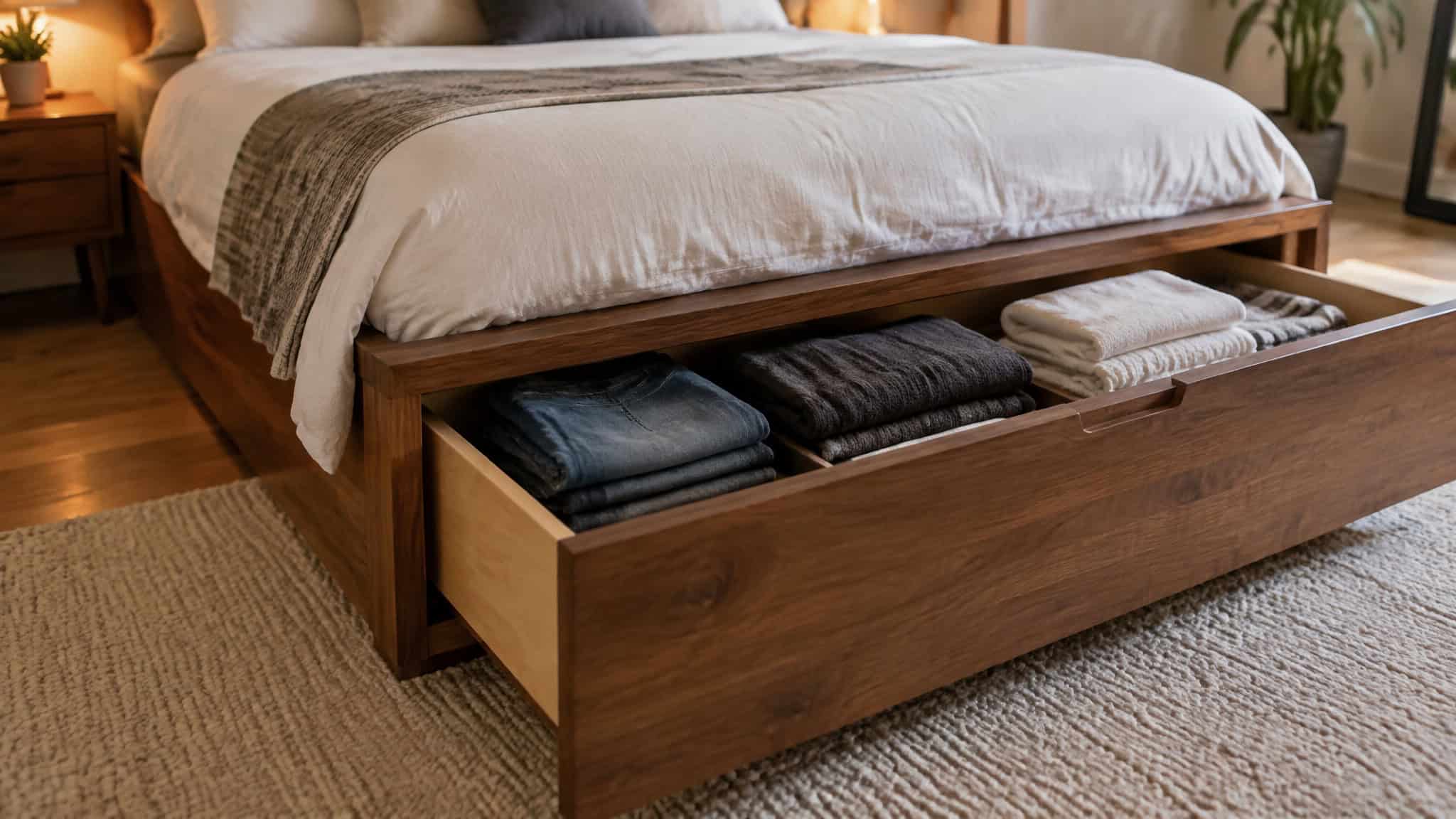 Storage bed frame drawer holding folded clothes, showing how to skip the dresser in a small bedroom