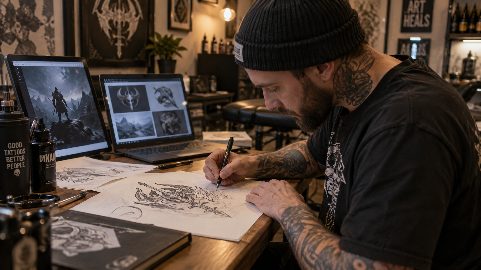Best Gaming Tattoo Ideas, Ranked — With Artist Rules on What Survives on Skin 5 Tattoo artist planning a gaming tattoo design during a consultation with reference sketches