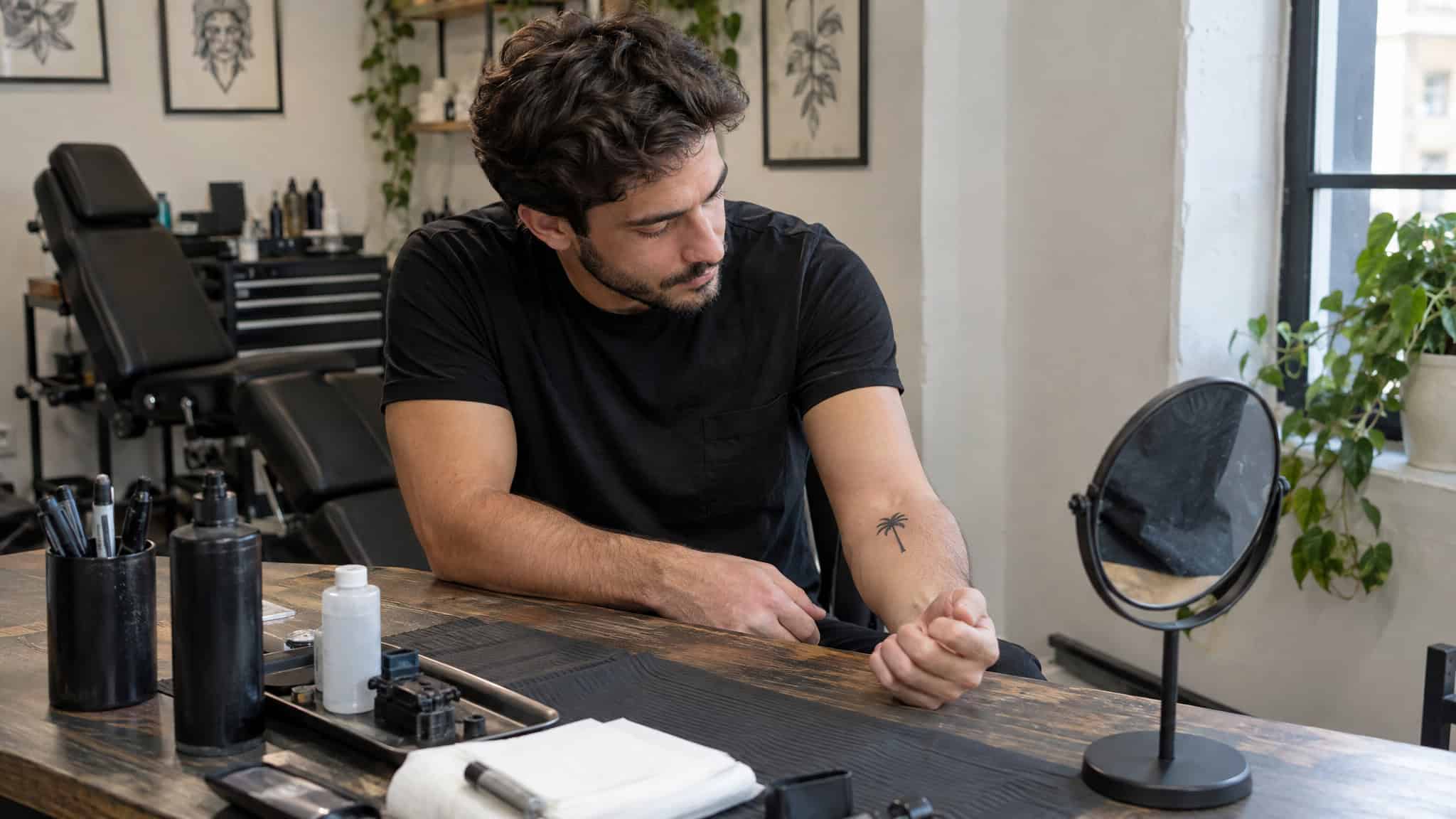 Simple Gaming Tattoo Ideas: 15+ Minimalist Designs, Credited Artist by Artist 3 Man testing a temporary gaming tattoo design on his forearm before booking a real one