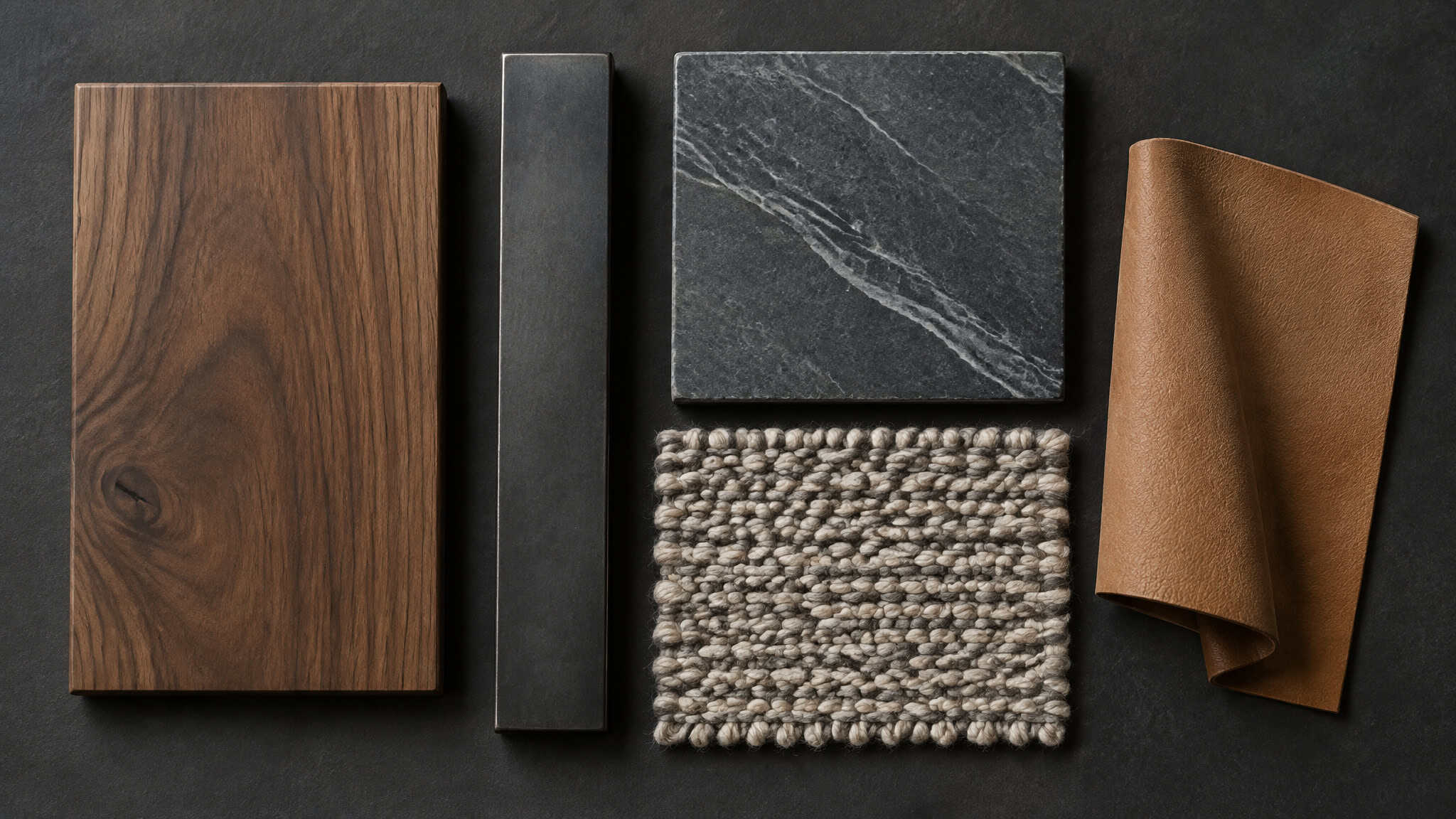 Masculine Bedroom Decor Ideas: 27 Looks Built on the 3-Hard-Plus-2-Soft Formula 2 Walnut, steel, stone, wool, and leather swatches showing the 3-hard-plus-2-soft materials formula