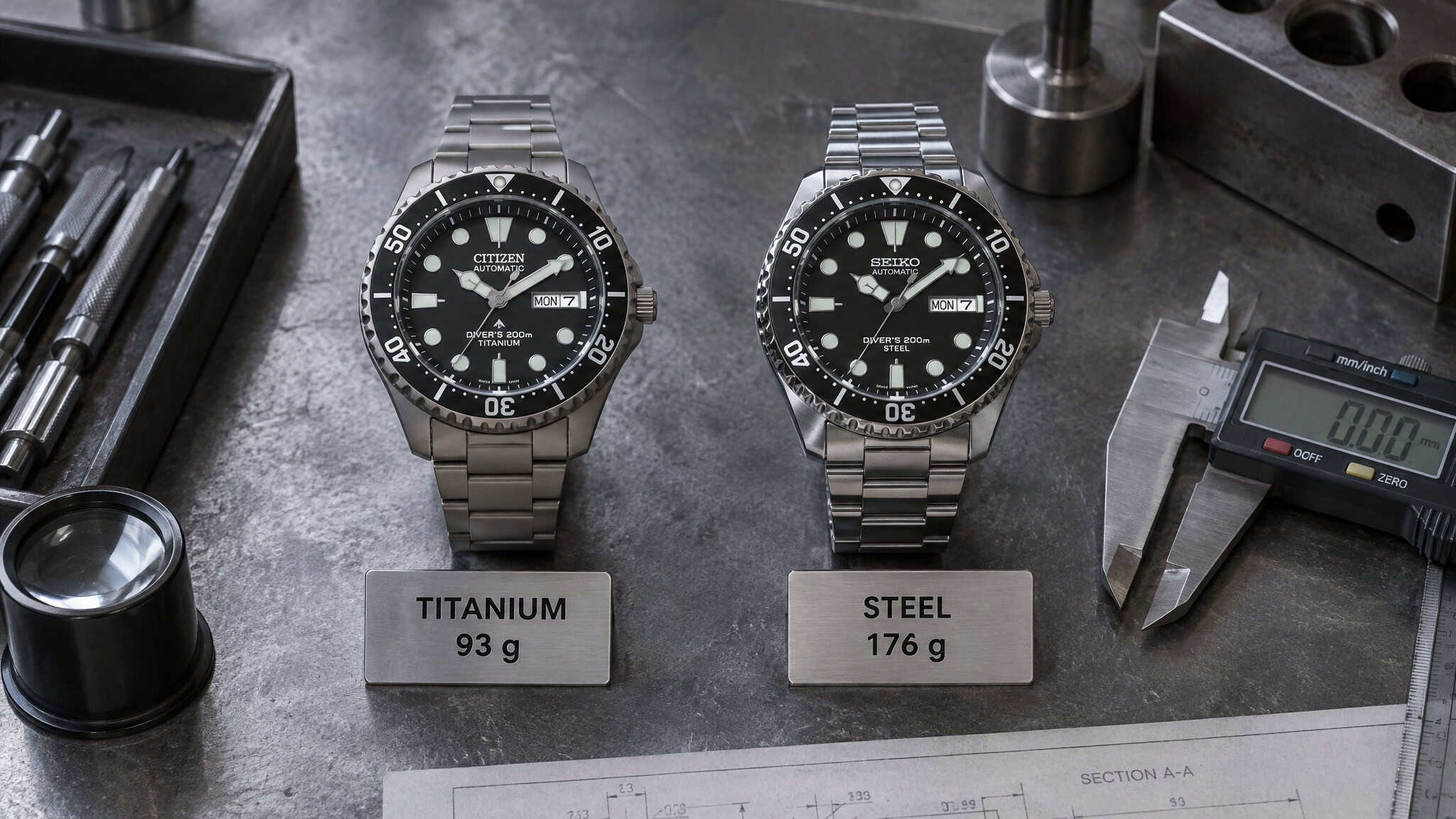 Stainless Steel Watch vs Other Watch Metals: Why Ceramic Wins on Value 3 Titanium watch next to steel watch showing the 40 percent weight tradeoff and scratch catch