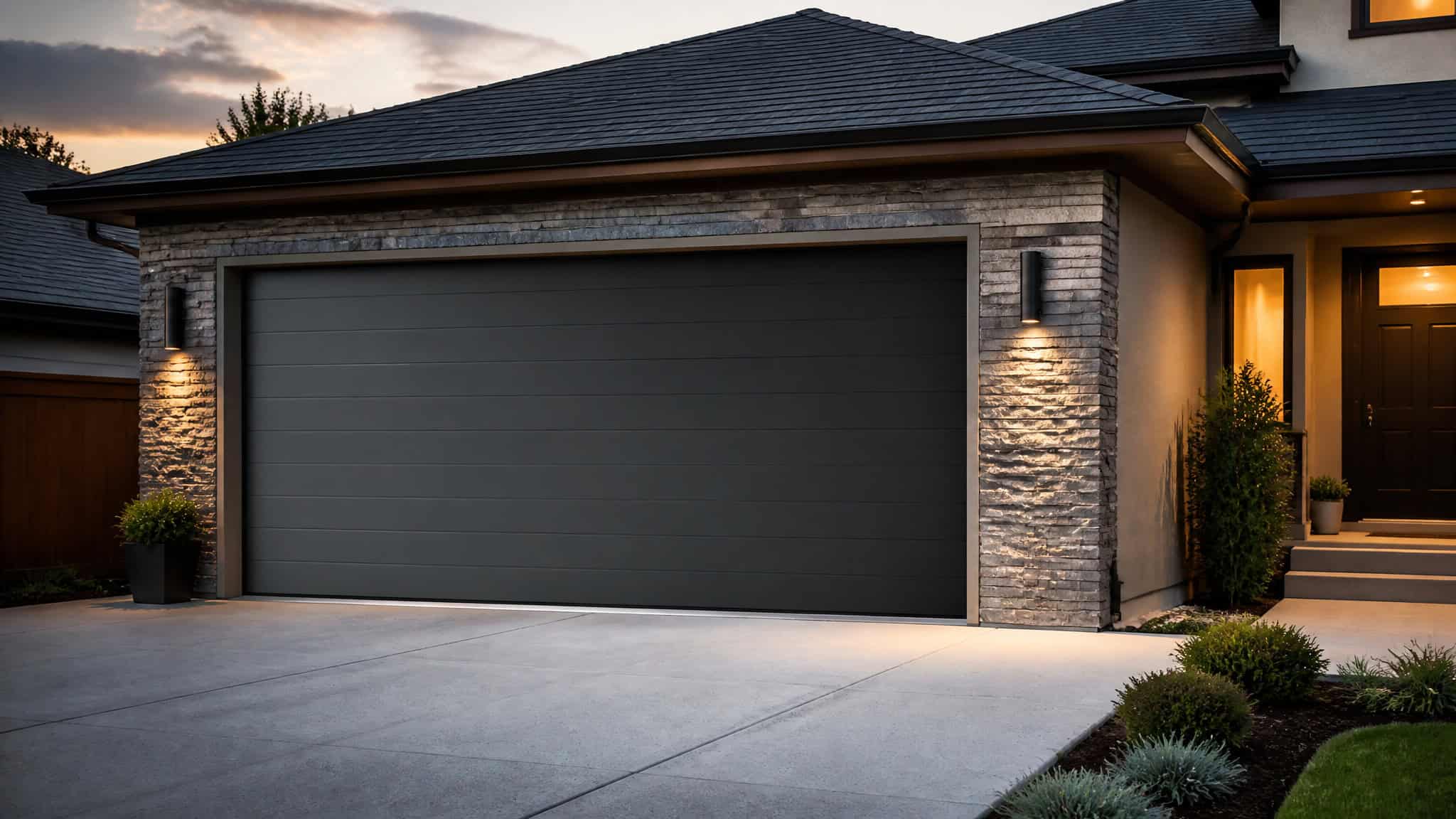 Contemporary house featuring a sleek, dark gray garage door, brick exterior, and well-lit entrance at dusk.