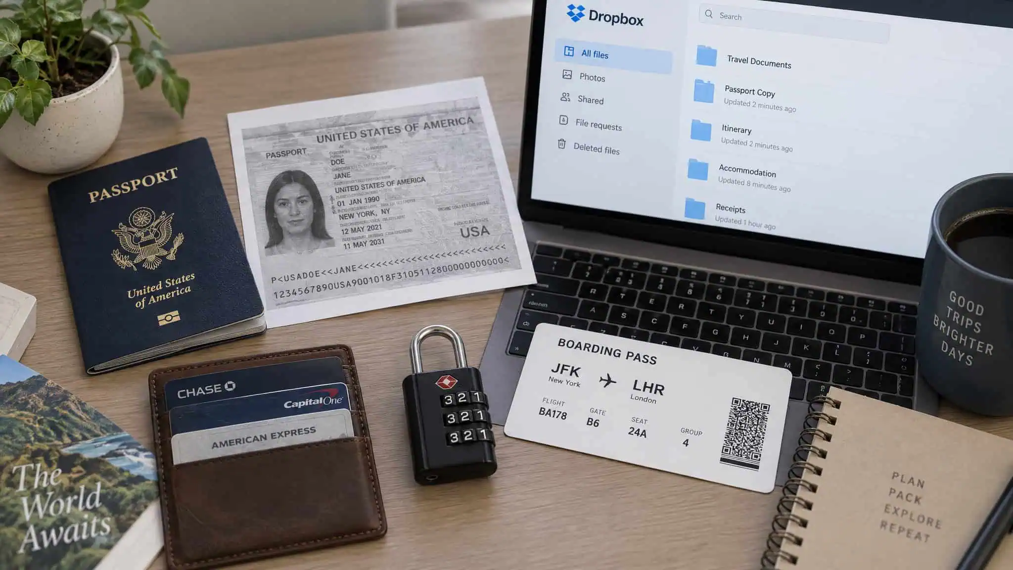 Best Travel Hacks for Women: Pickpocketing, Shipwreck, and the Systems That Actually Work 4 Travel essentials including a passport, boarding pass, and laptop for a business trip, with a notebook and coffee cup on a wooden desk.