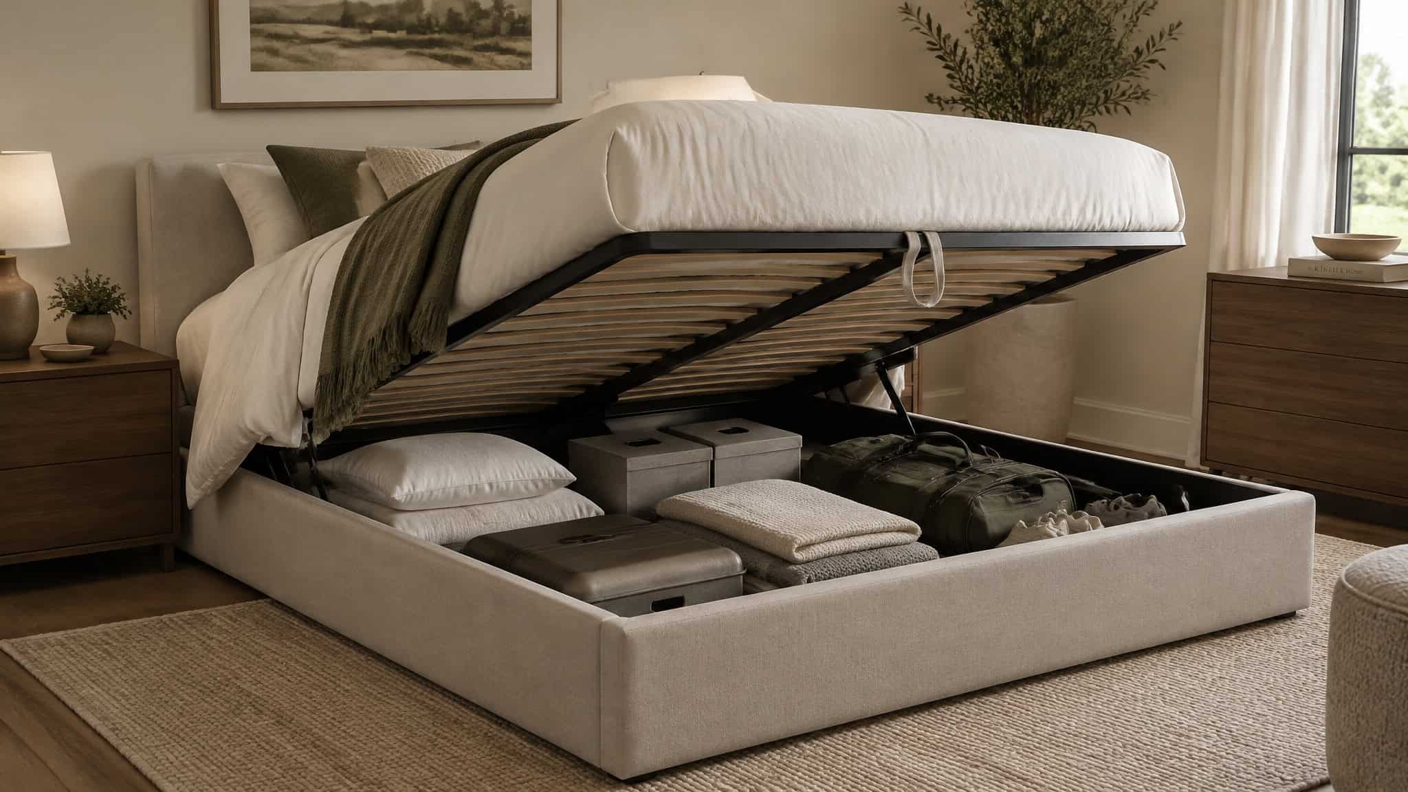 2026 Bedroom Trends: What to Adopt (and Skip) for a Room That Actually Sleeps Well 5 Upholstered storage bed with lift-up base drawer acting as an extra closet