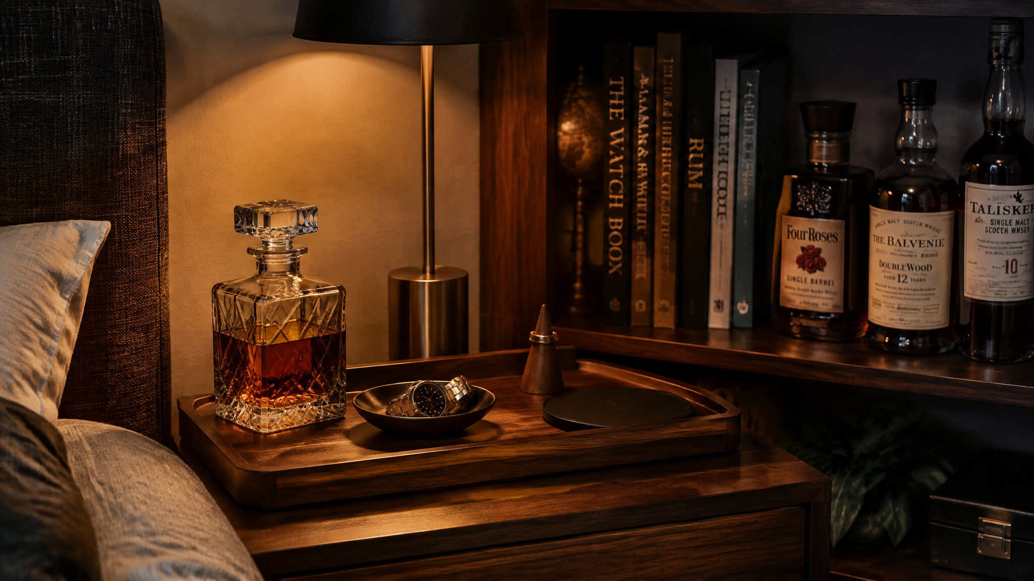Masculine Bedroom Decor Ideas: 27 Looks Built on the 3-Hard-Plus-2-Soft Formula 5 Walnut valet tray with watch, whiskey decanter, and charger encoding adult rituals in a masculine bedroom