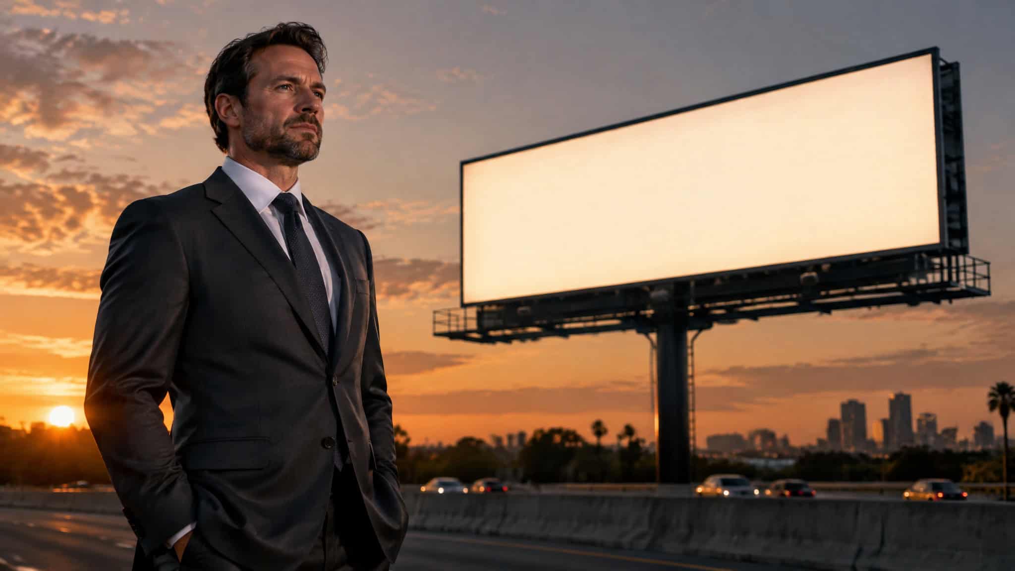 A businessman in a suit stands on a highway at sunset, with a large blank billboard behind him and city skyline in the distance, capturing a professional and urban scene.