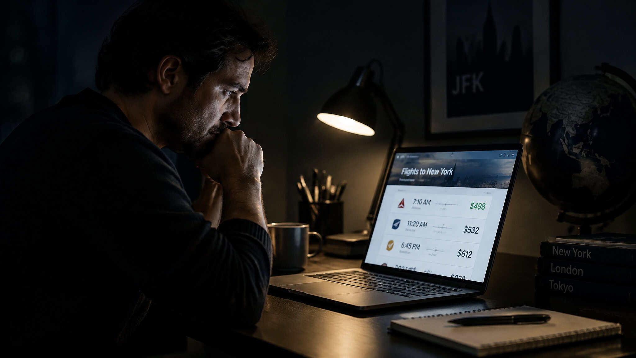 Man comparing flight prices on laptop while researching the least expensive way to book a flight