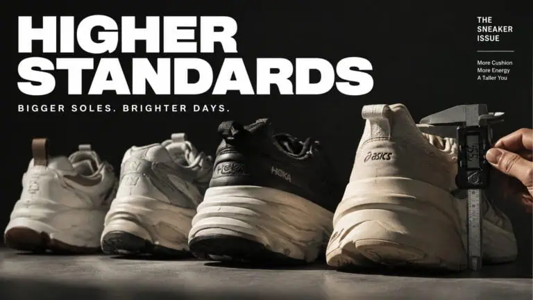 Showcase of three sneakers with different designs and colors, emphasizing higher standards in footwear quality and style.