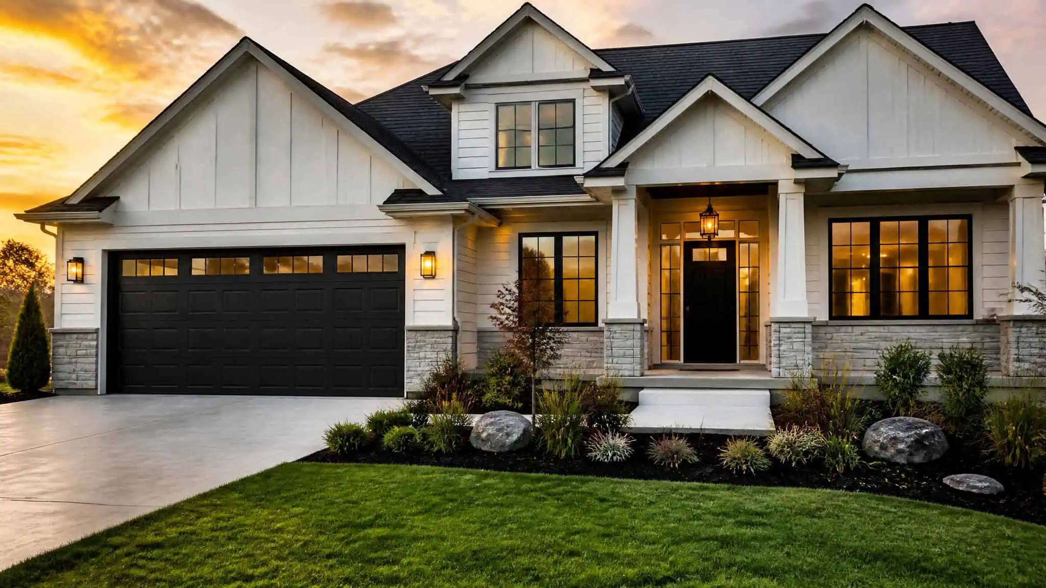Beautiful modern house with white exterior, black roof, and well-maintained front yard at sunset.
