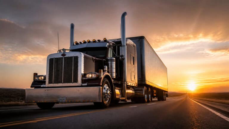 Black semi-truck driving on an open highway during sunset, symbolizing transportation and logistics.