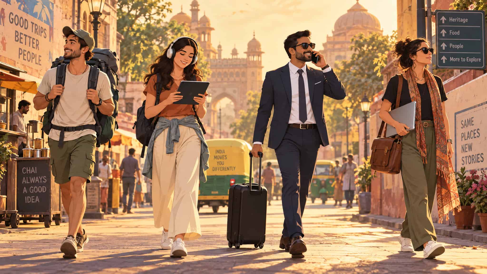 Reddit's Take on Travel eSIMs: Real Traveler Experiences From India 3 A diverse group of four young professionals walking through a busy city street with historic architecture, carrying luggage and using digital devices.