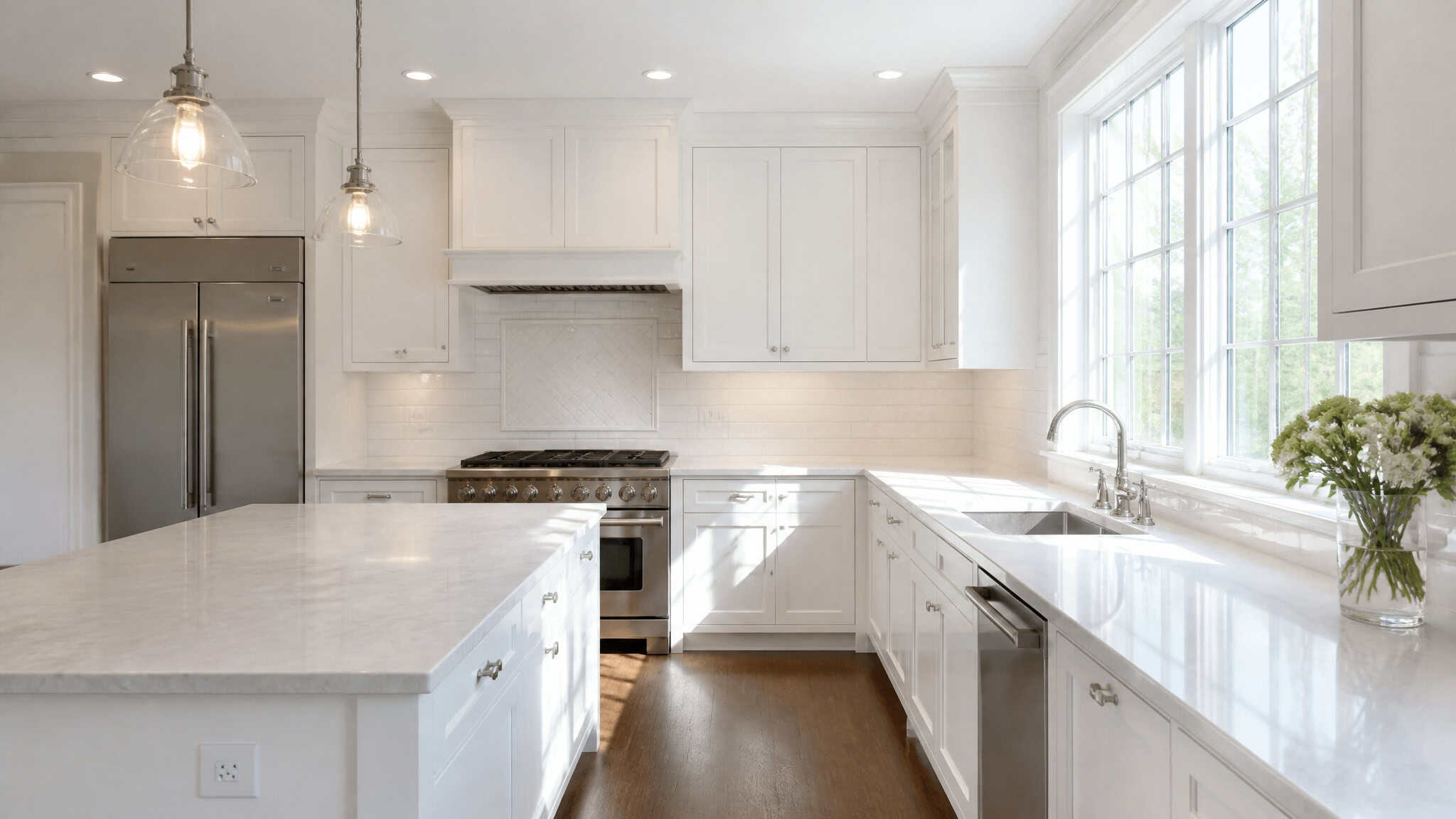 Worst ROI Home Improvements: 12 Renovations That Lose Money 2 White kitchen with marble counters and pendant lights, illustrating how the formerly safe choice now reads dated.