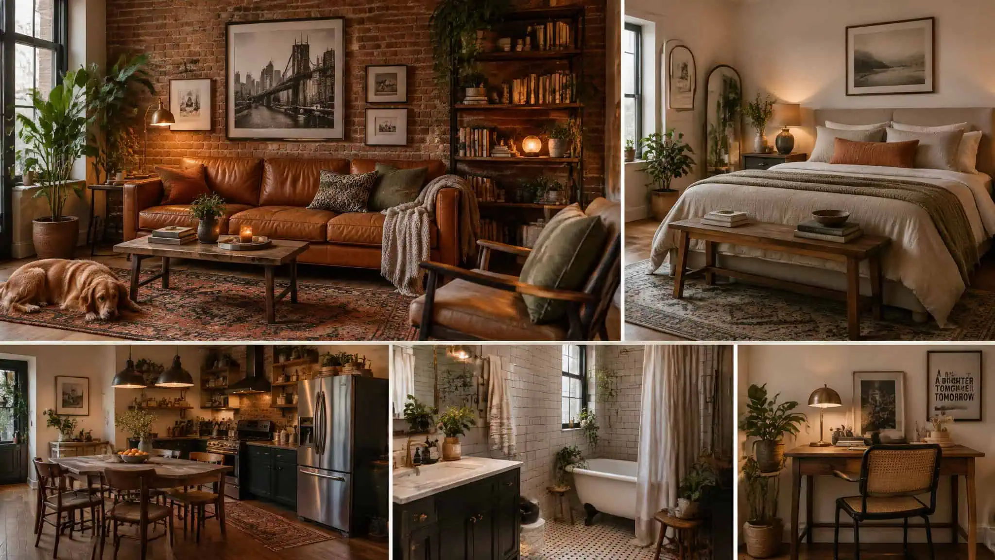 Whole-apartment designer inspiration with exposed brick, leather, and layered neutral bedroom