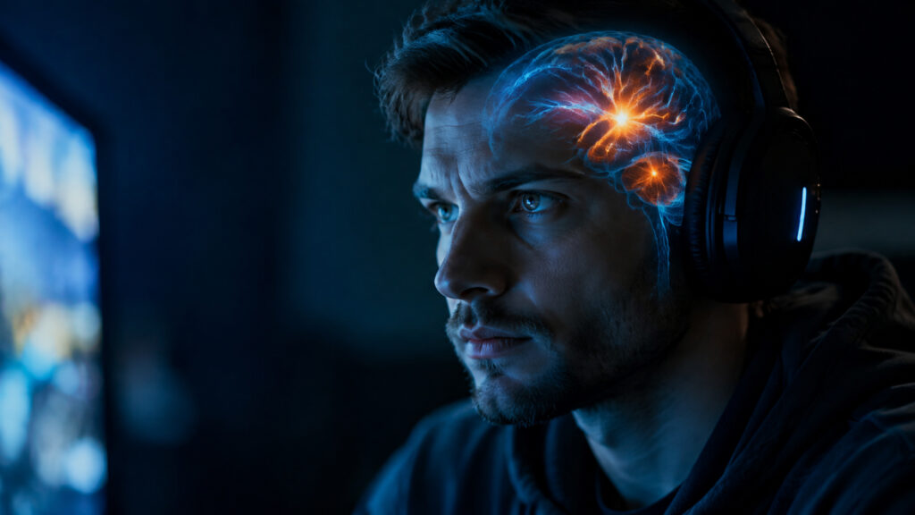 Man lit by monitor glow illustrating the male reward circuit response to video games