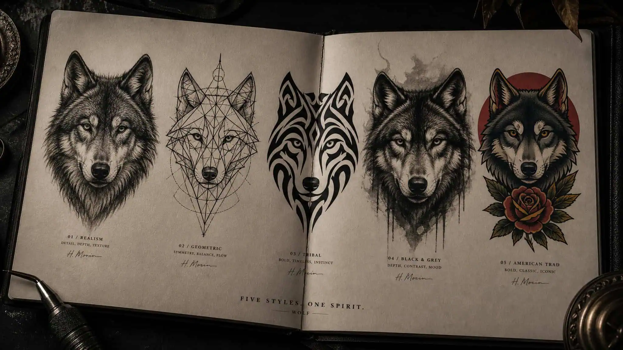 Wolf Pack Tattoo Meaning (Family & Brotherhood): Why the Alpha Myth Changes What Your Ink Says 3 Detailed tattoo sketches of five wolf spirits, each with unique styles including realistic, geometric, tribal, black and gray, and American traditional.