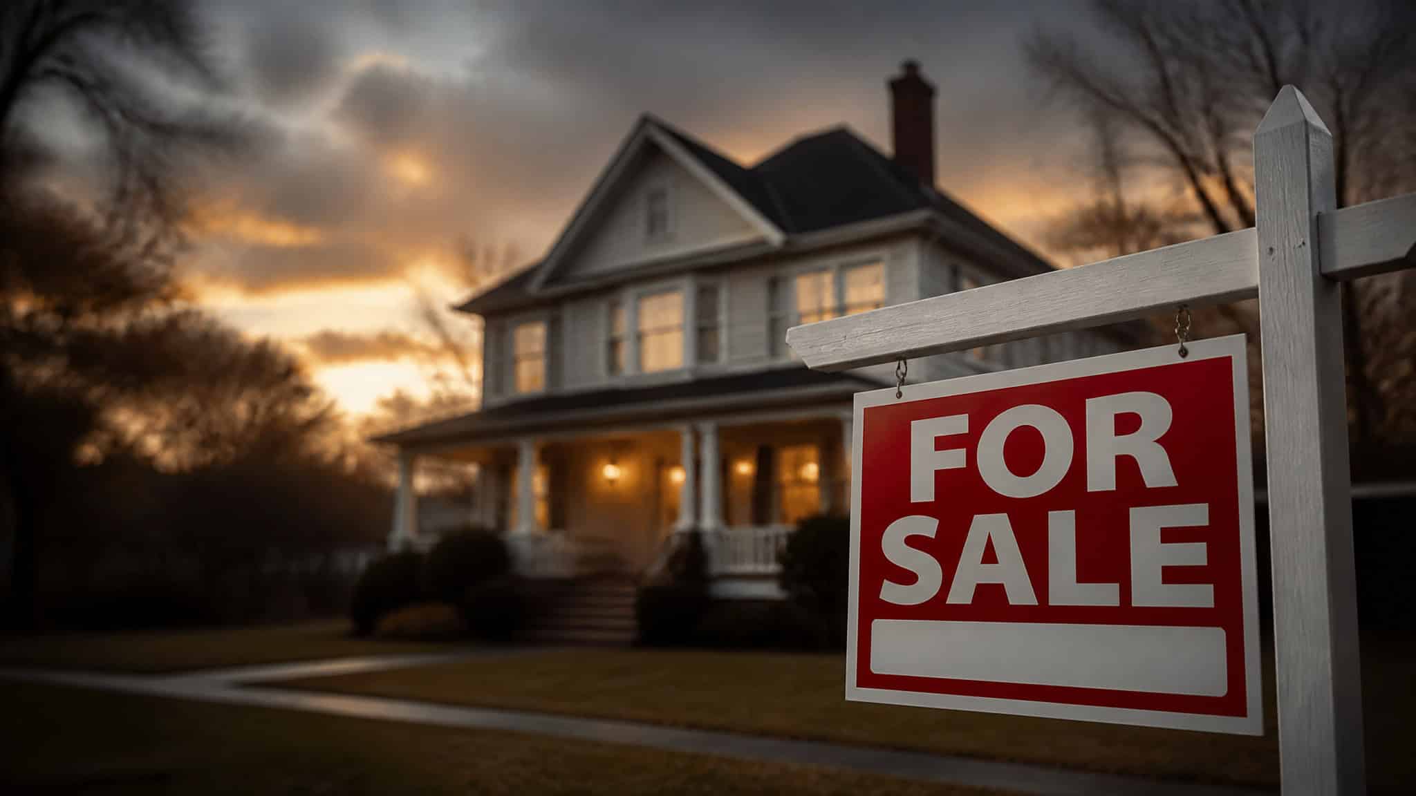 Large suburban house with a 'For Sale' sign in the front yard during sunset, showcasing a well-maintained property with a welcoming porch and mature trees.