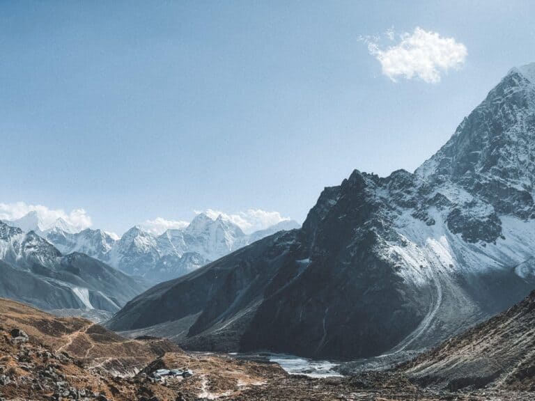 Snow-capped Himalayan mountains with a clear blue sky and rugged terrain in the foreground.
